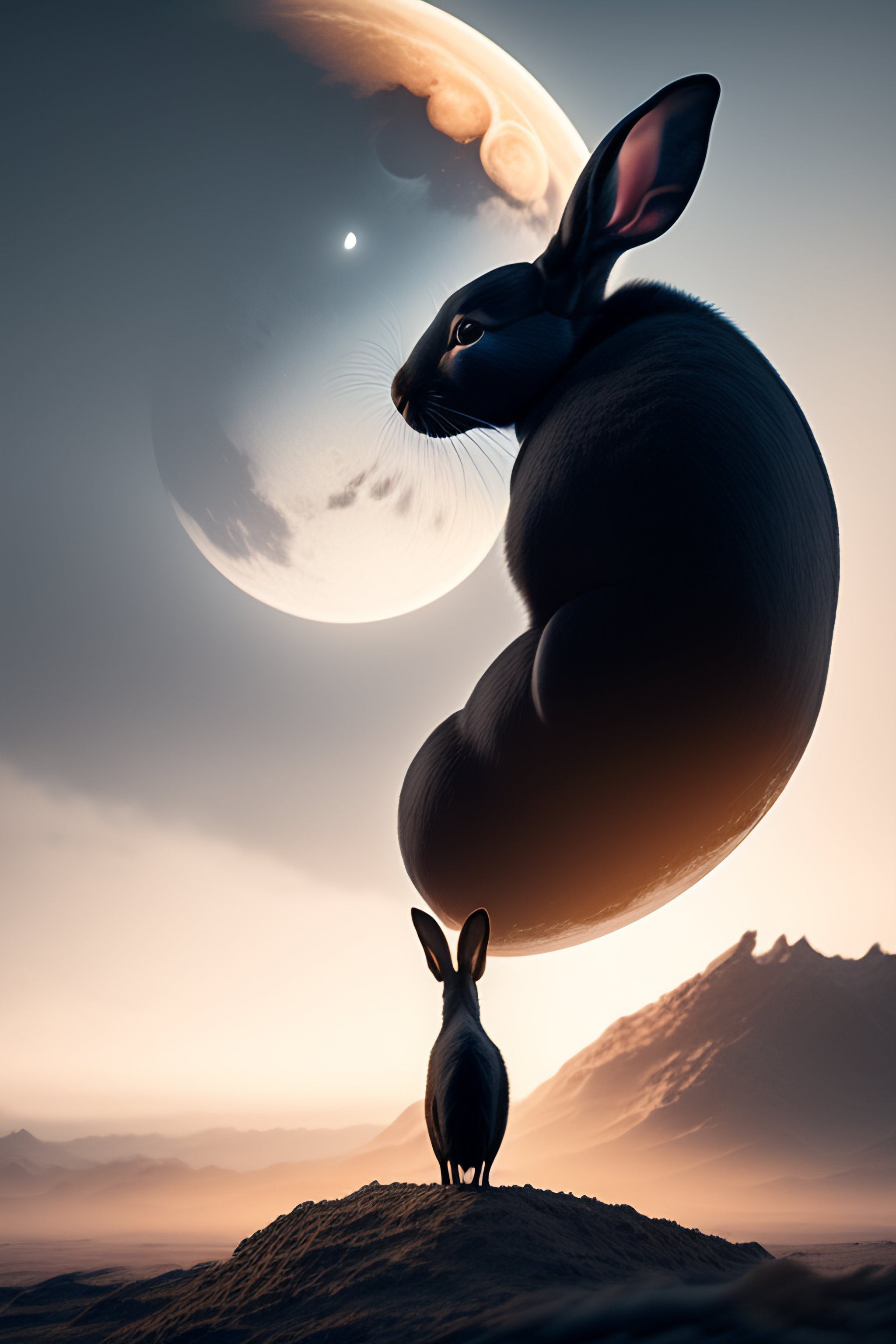 Lexica - A Black rabbit hanging on a crescent moon, 8k portrait, highly ...