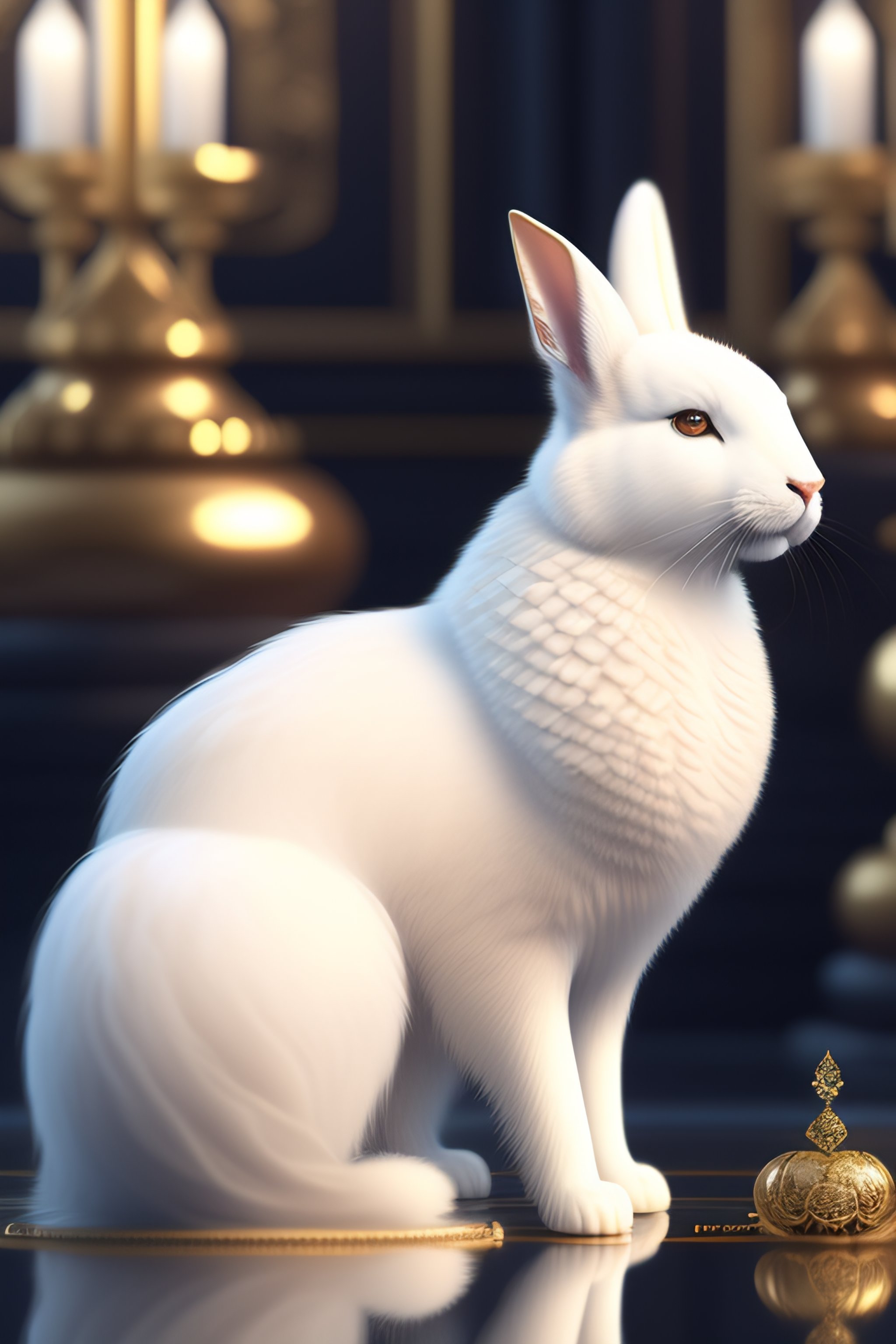 Lexica - The whole body of a white fluffy rabbit with intricate gold ...