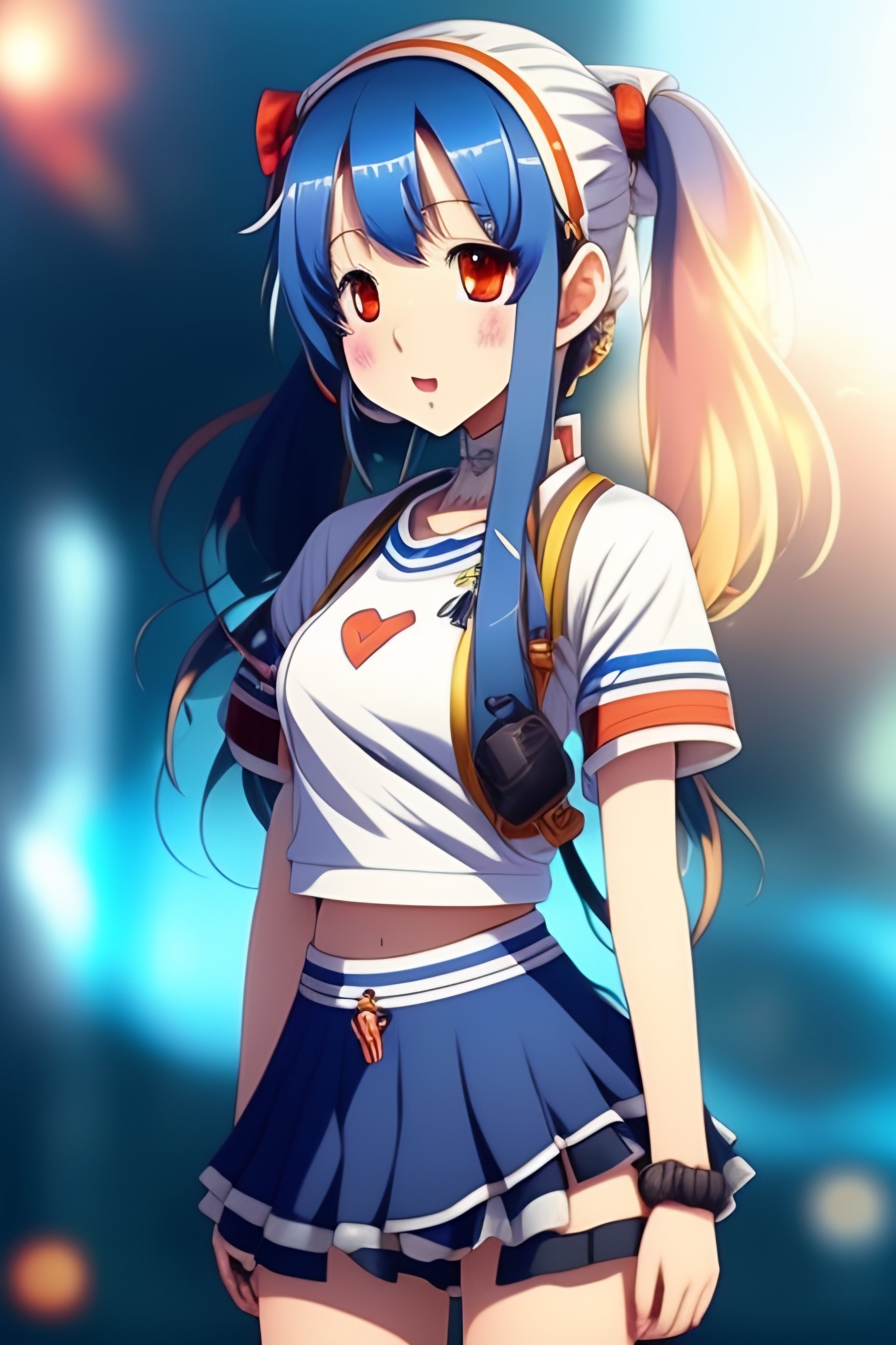 Lexica - Young anime girl, belly, short skirt, cute smile, blue hair with  braids, sporty girl