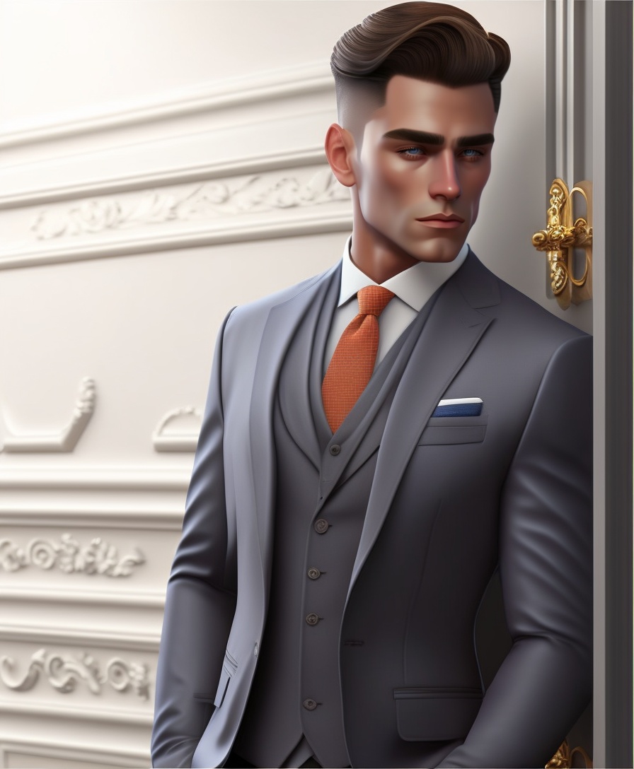 Lexica - A man in light grey vested suit, spying behind a door