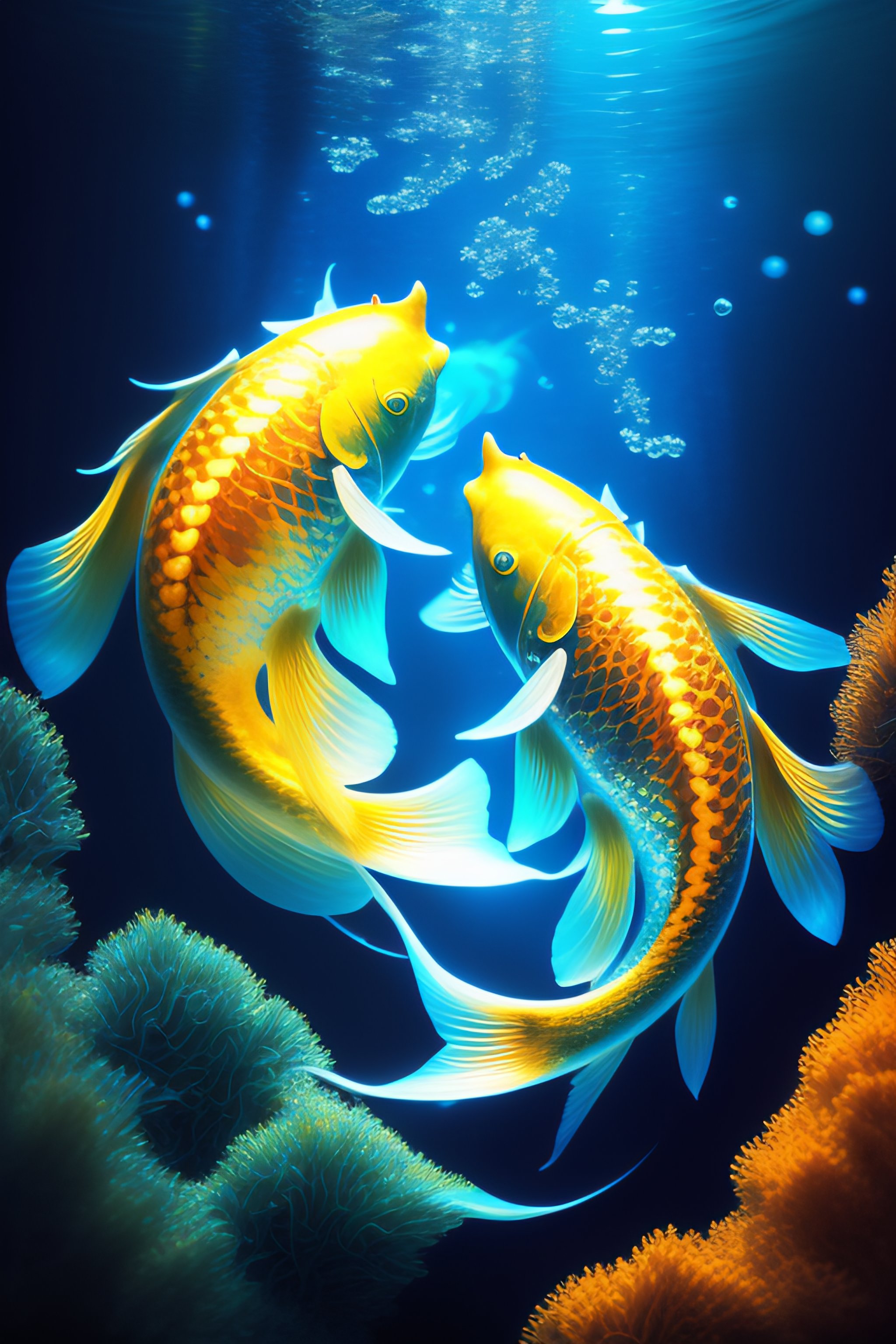 Lexica - Two koi swimming blue and gold, underwater, luminescent, water ...