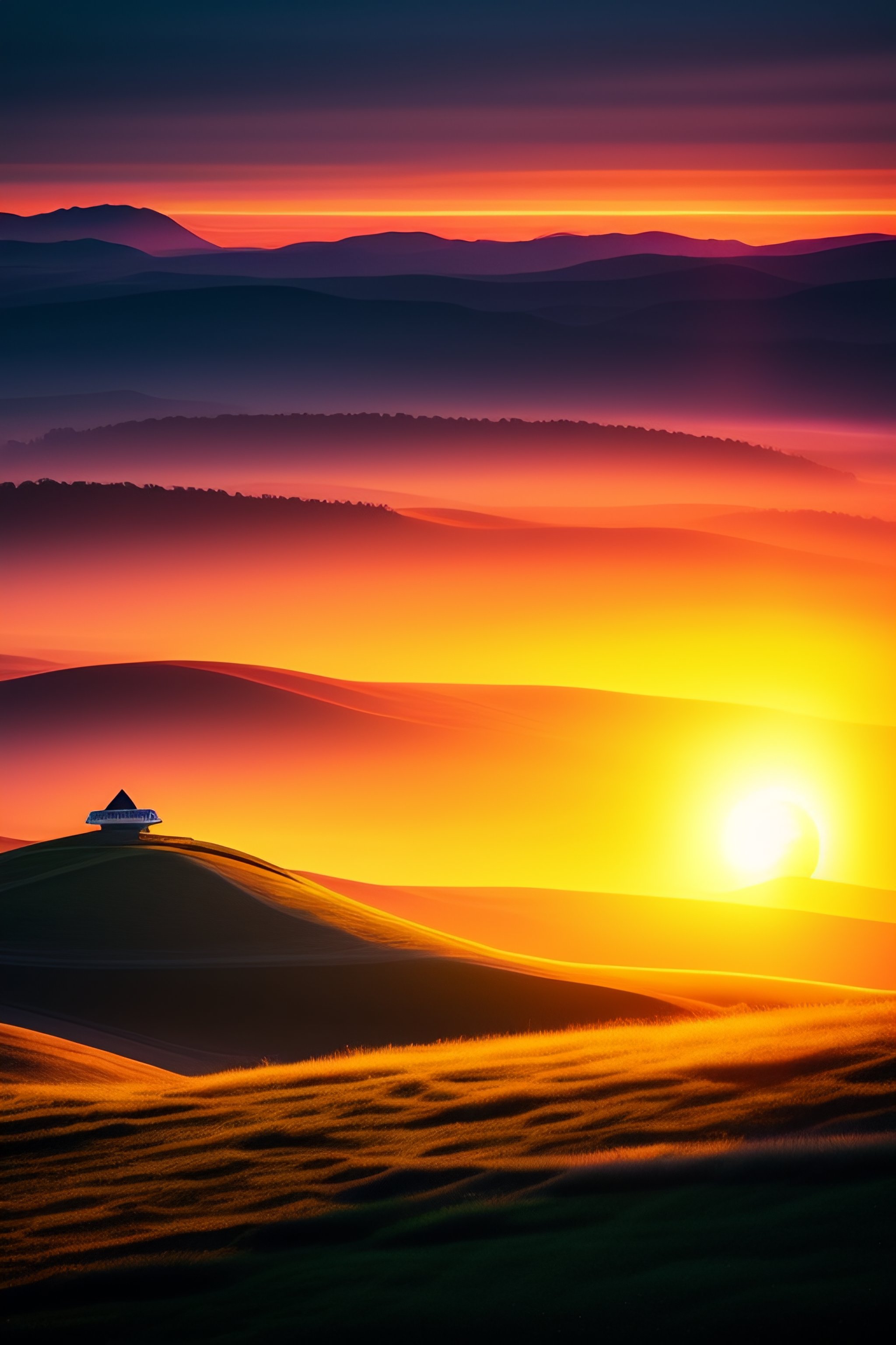Lexica - Floating city above grassy hills and sun setting