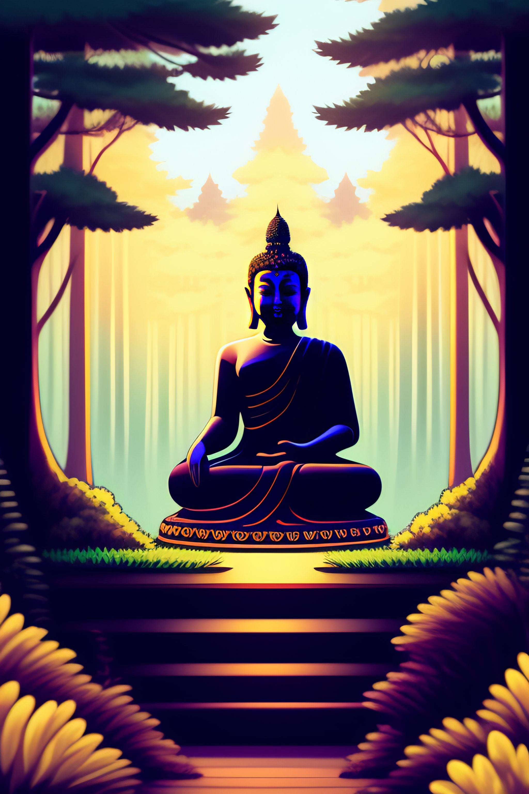 Lexica - Buddha sitting in a forest, soft light in the background, trees,  plants, birds, black outlines, peaceful, comic style, toon art, anime art,  ...