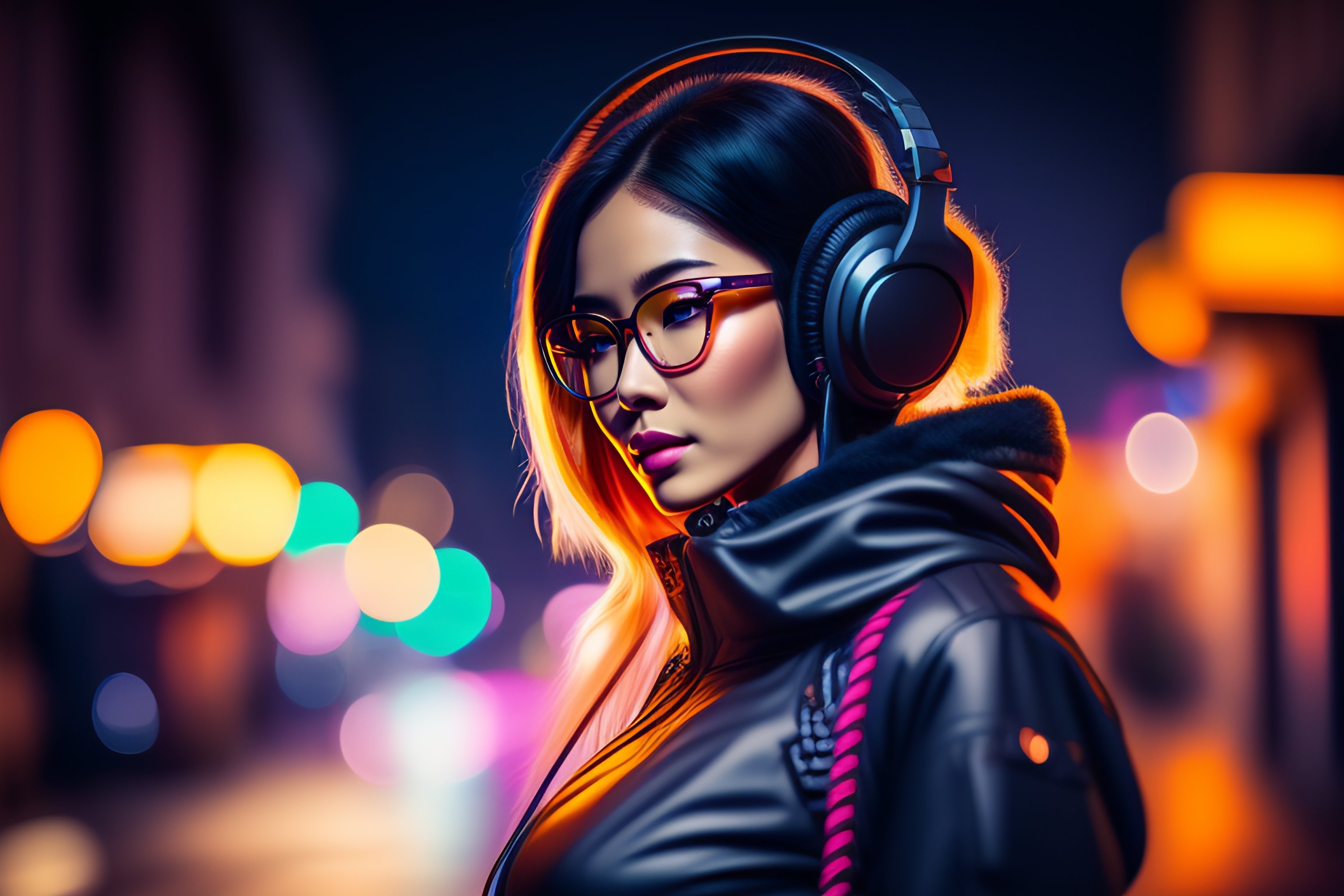 Lexica - Fantasy anime woman with glasses listen techno music headphones in  the night dystopic