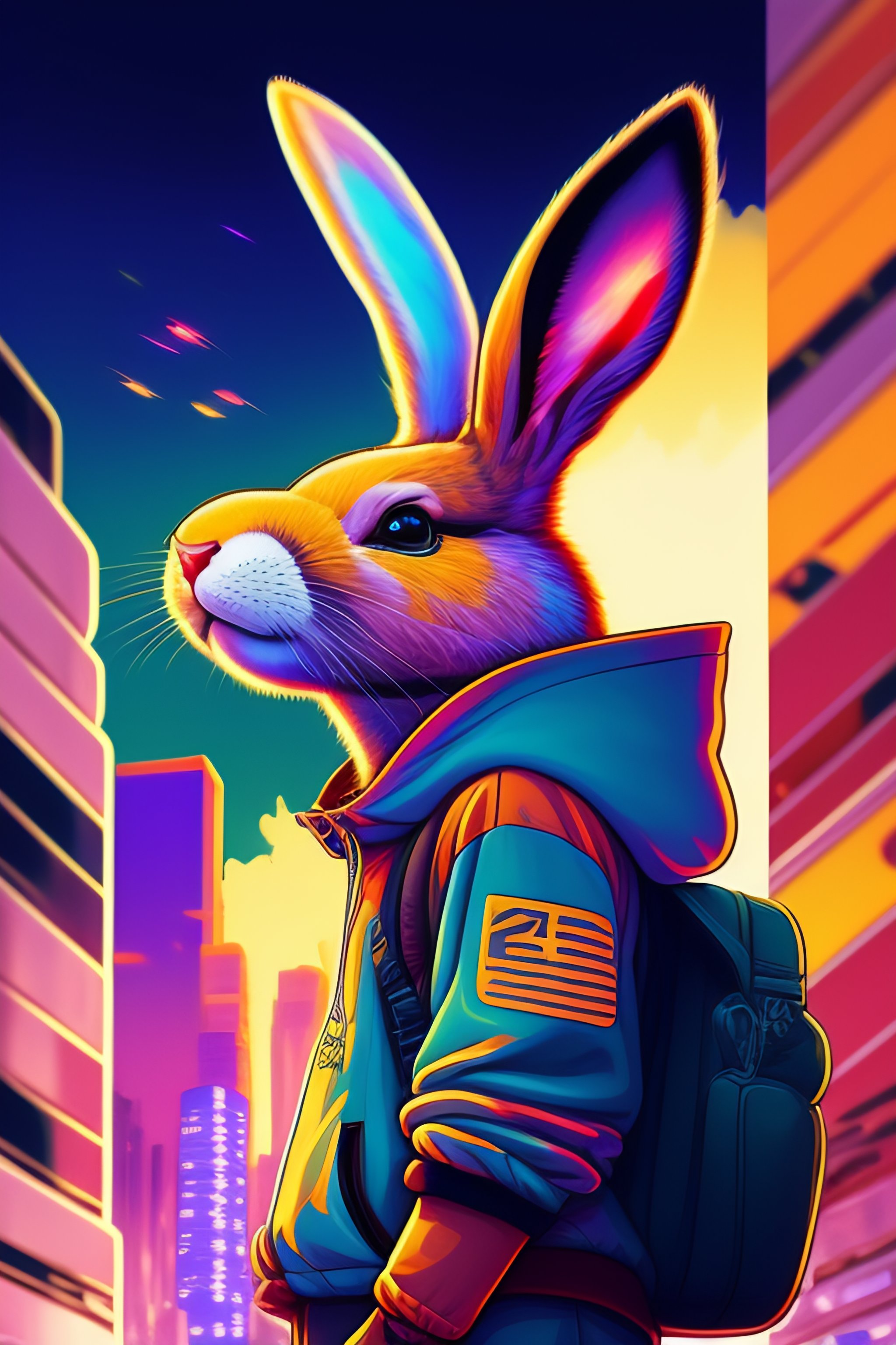 Lexica - Photo of of a huge breakdancing rabbit in a fusion cityscape ...