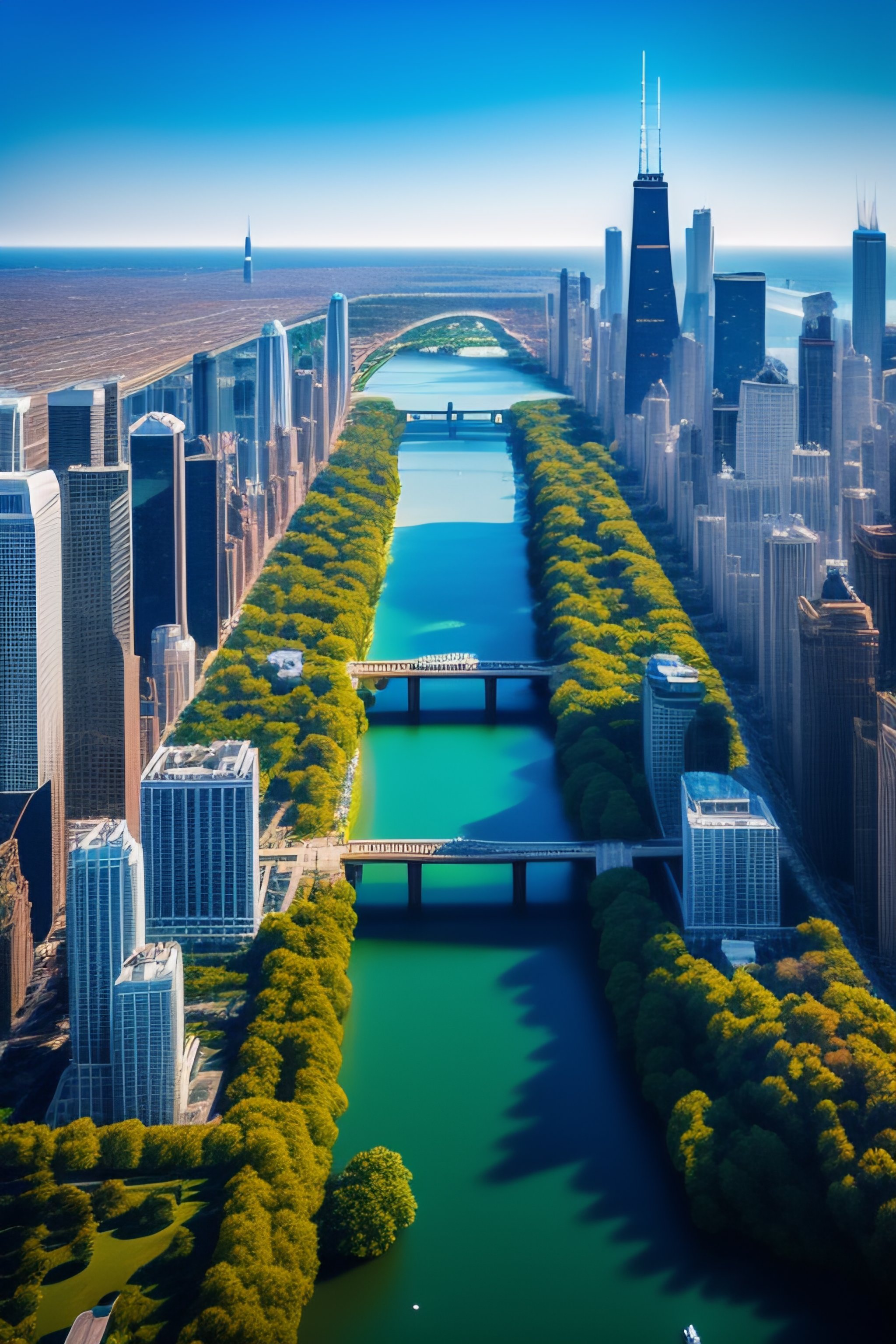 Lexica Bird's eye view of chicago skyline archipelago famous bridges