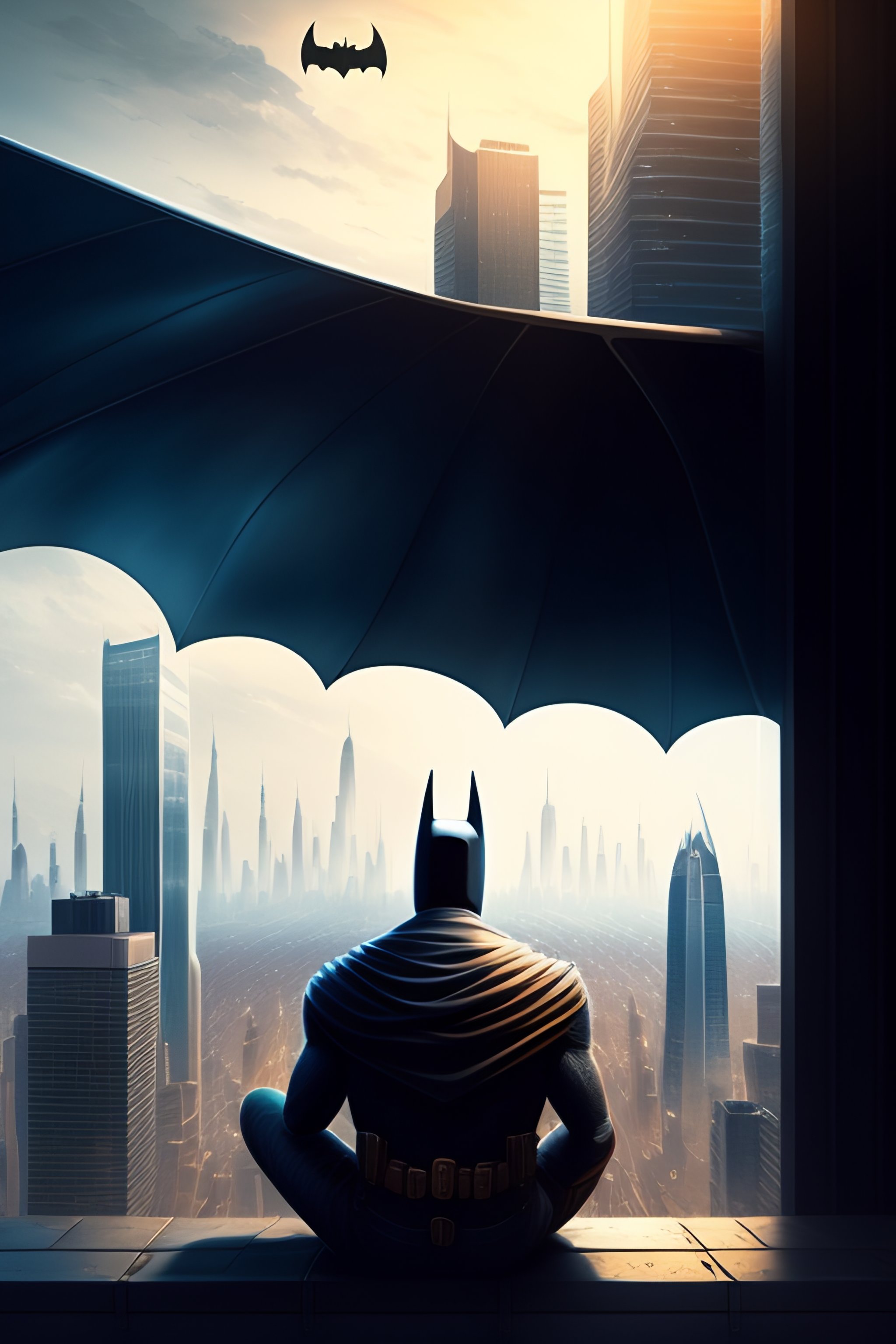 Lexica - Batman sitting on a roof looking down at a city below ...