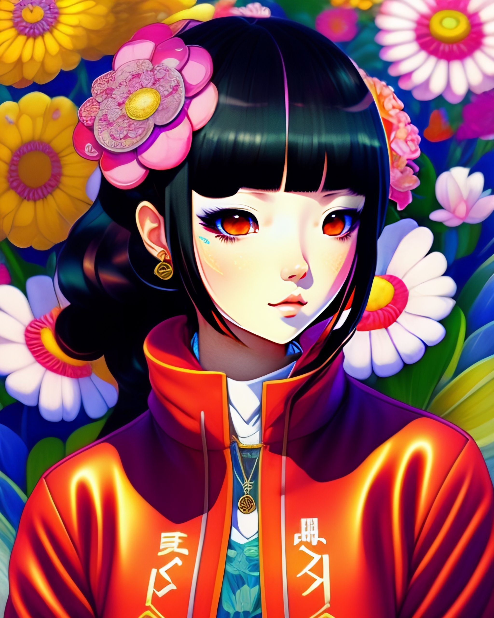 Portrait of an anime girl against a background of flowers. Anime