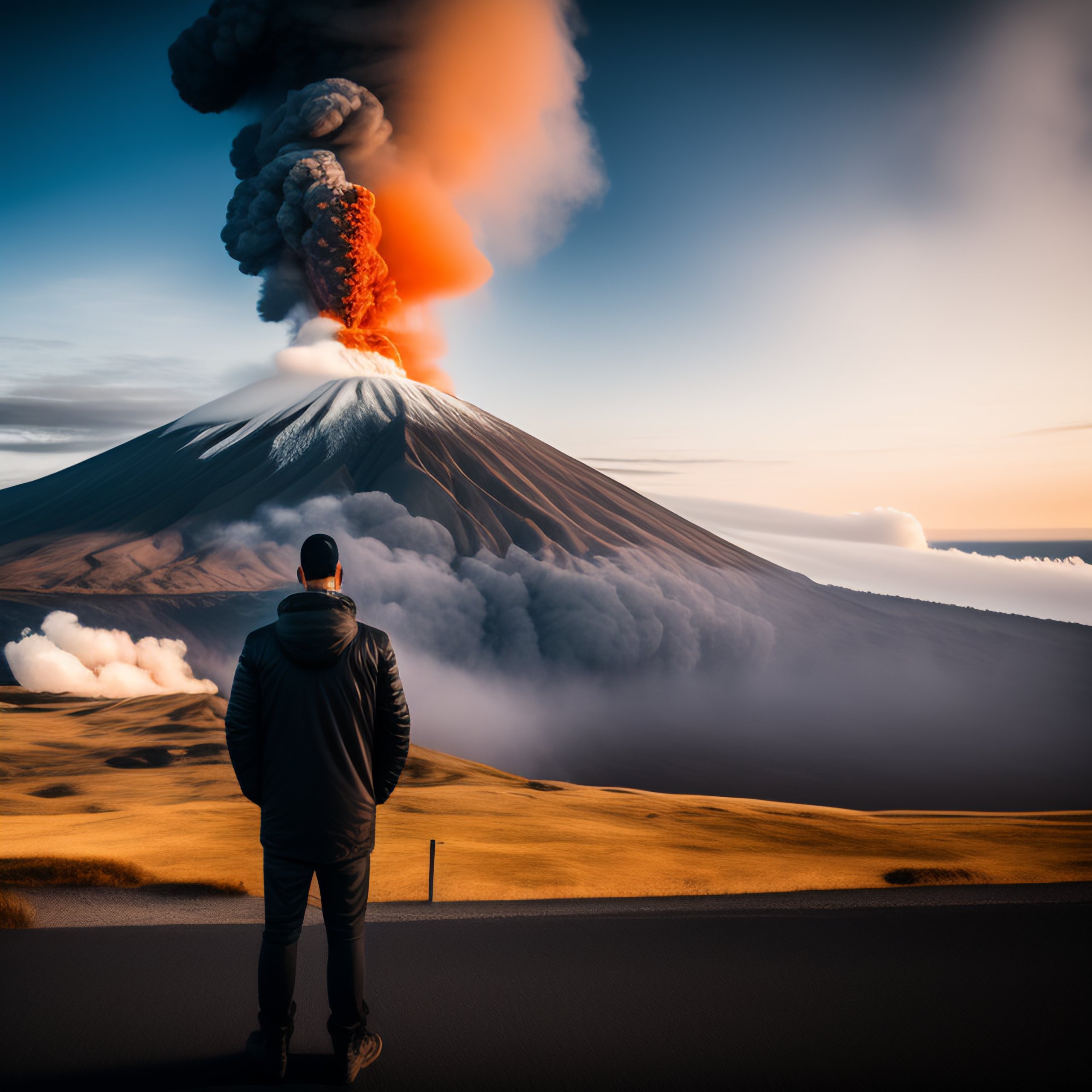Lexica - Photograph of Back of man looking at active volcano, big smoke ...
