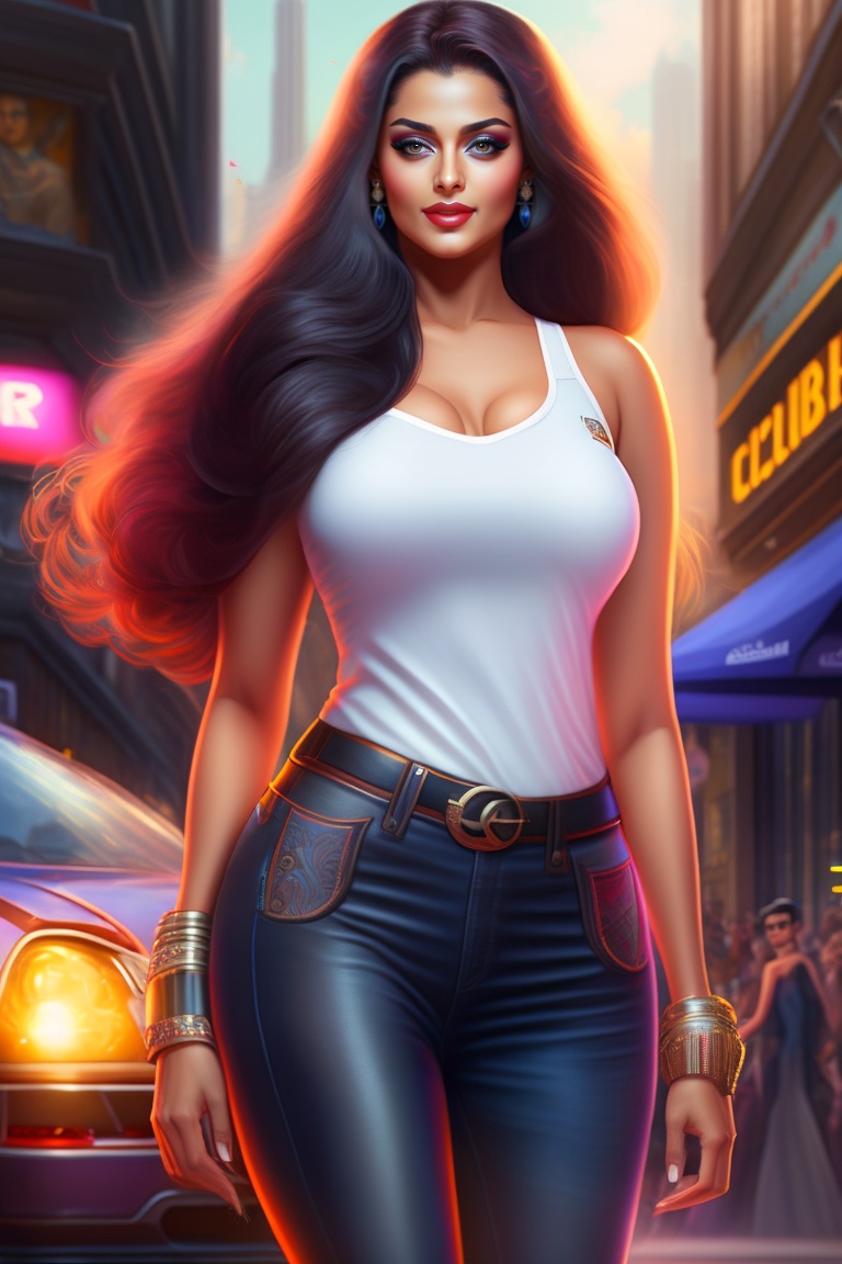 Lexica - Aishwarya Rai, full figure, t-shirt and jeans, cyberpunk city