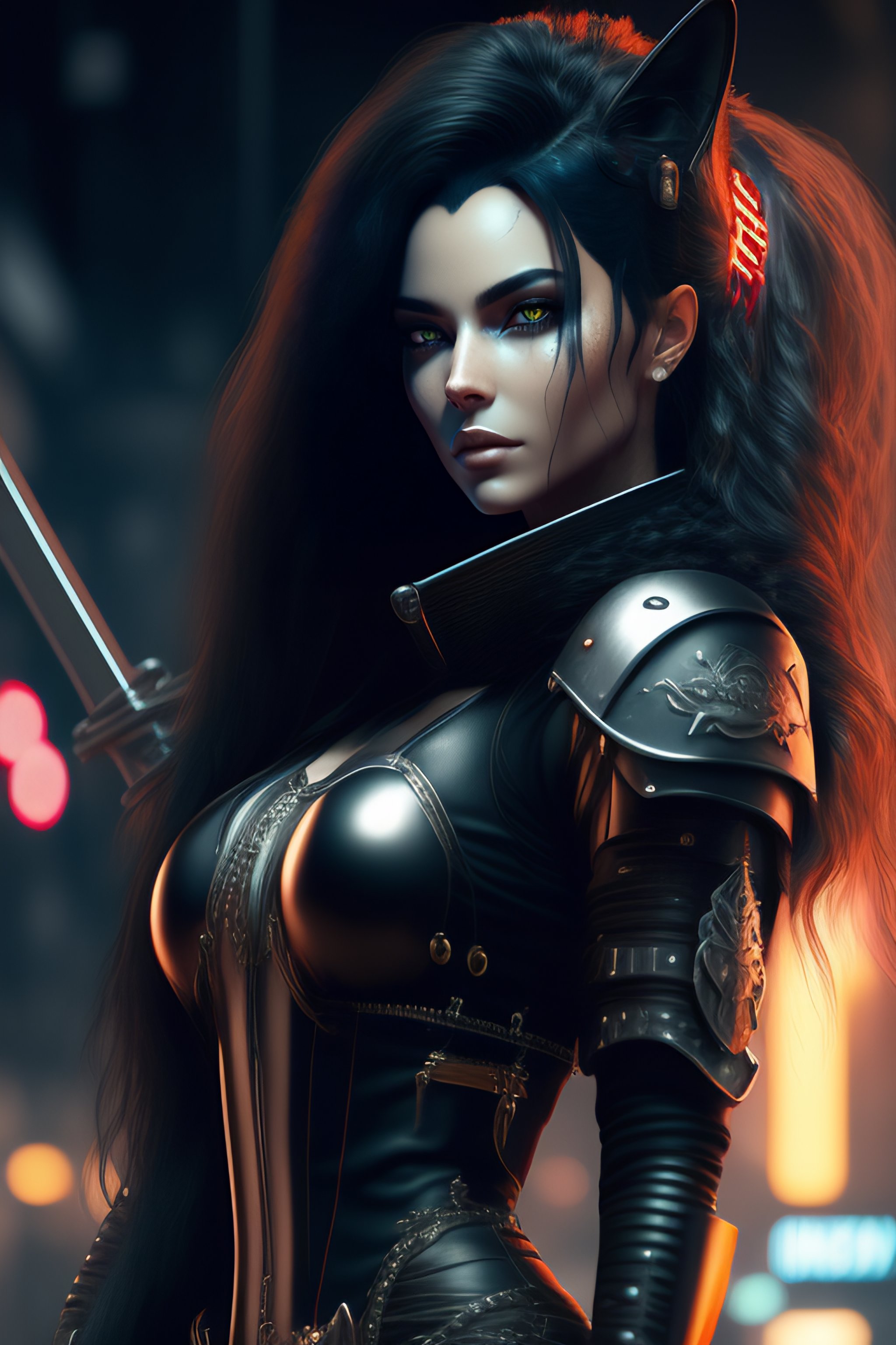 Lexica - Cyberpunk female black and white cat with long hair, with a ...