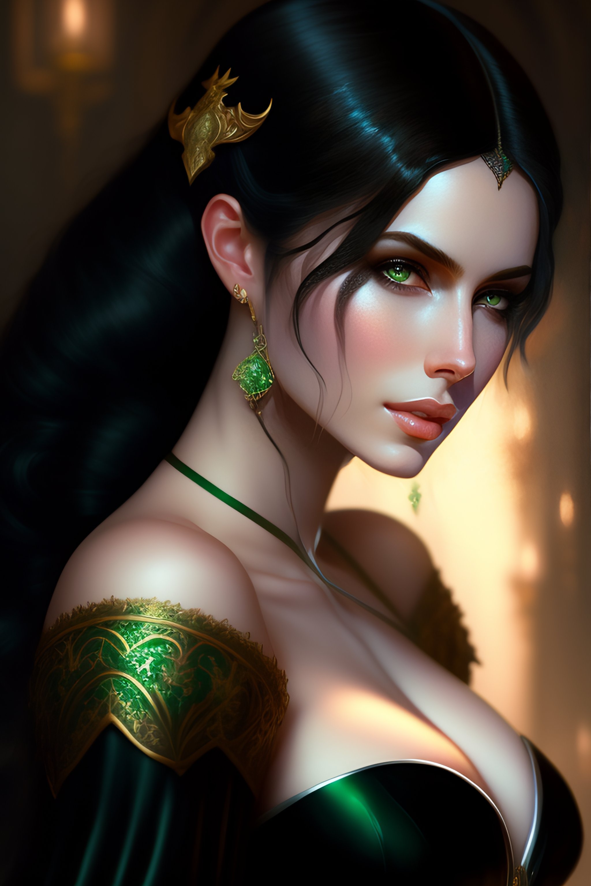 Lexica Black Hair Woman Pale Skin White Skin Green Eyes Black Clothes Inside Castle 