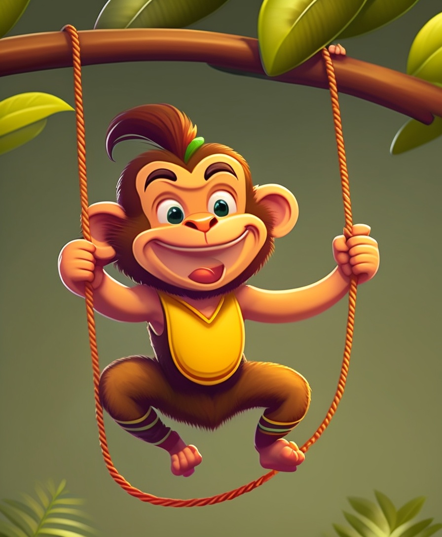 Lexica Jungle monkey swings, playful, wild, mischievous grin set free