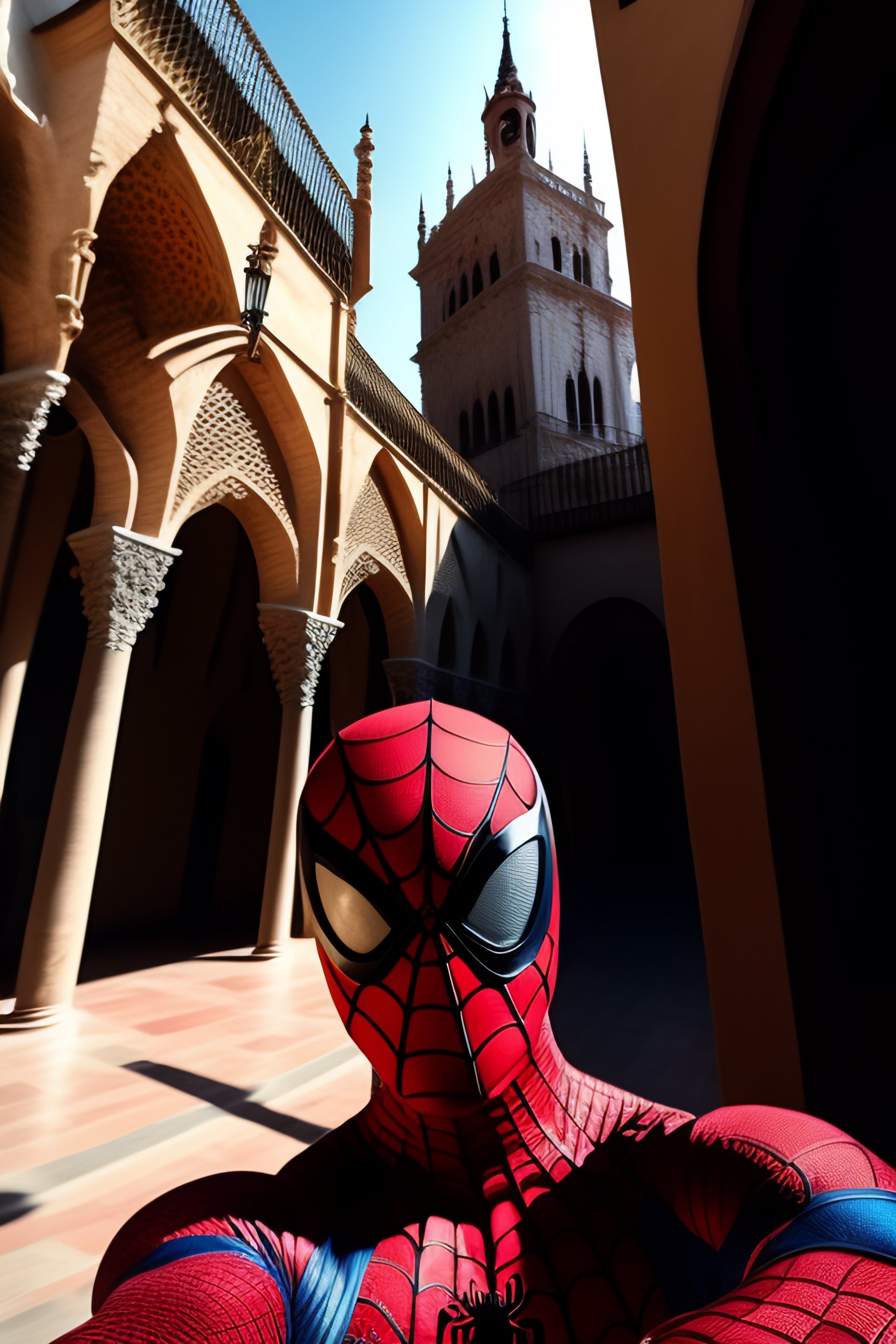 Lexica - Spiderman taking a selfie in the Giralda in Seville, city of Spain