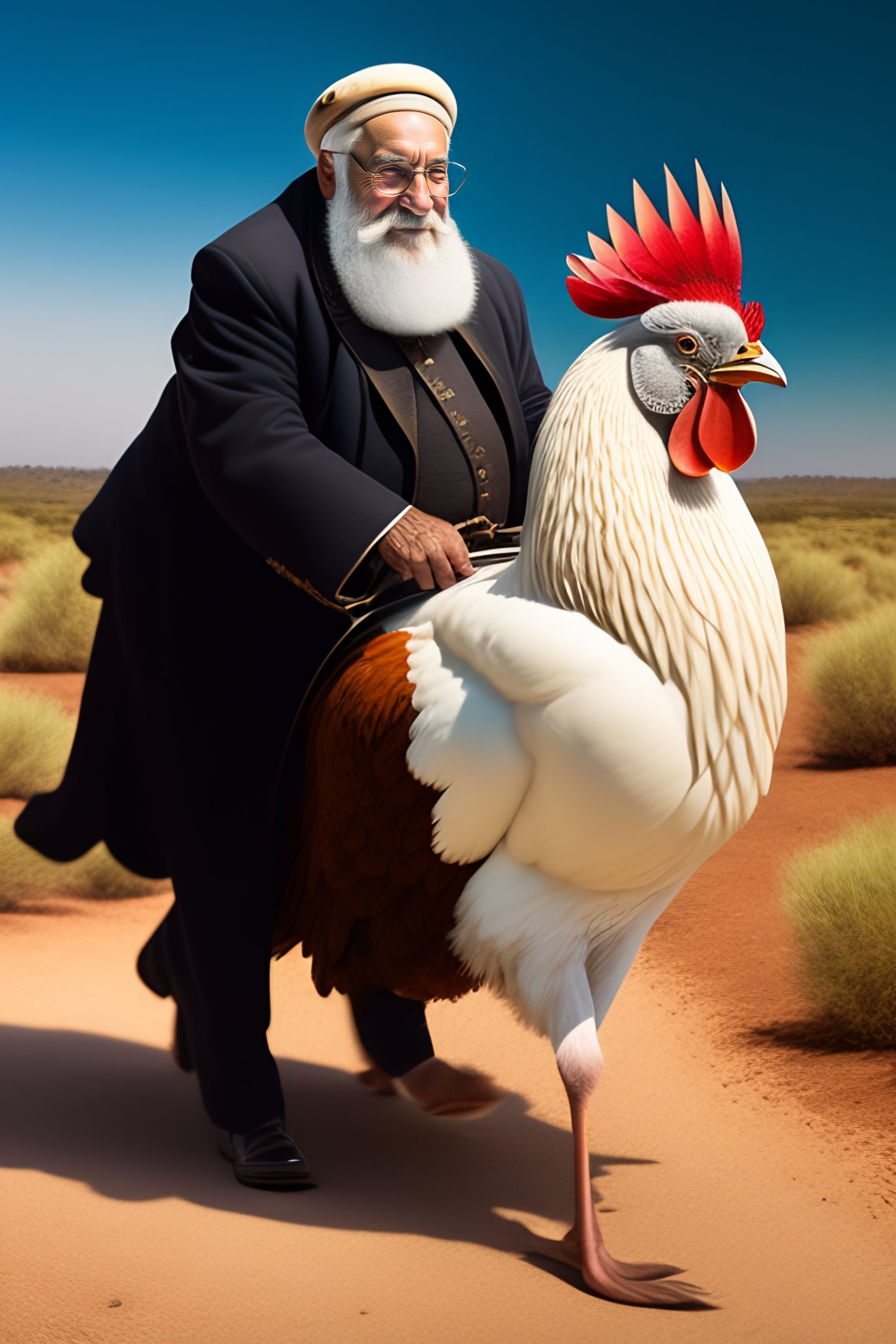 Lexica - An old Jewish man with a white beard riding a rooster like a ...