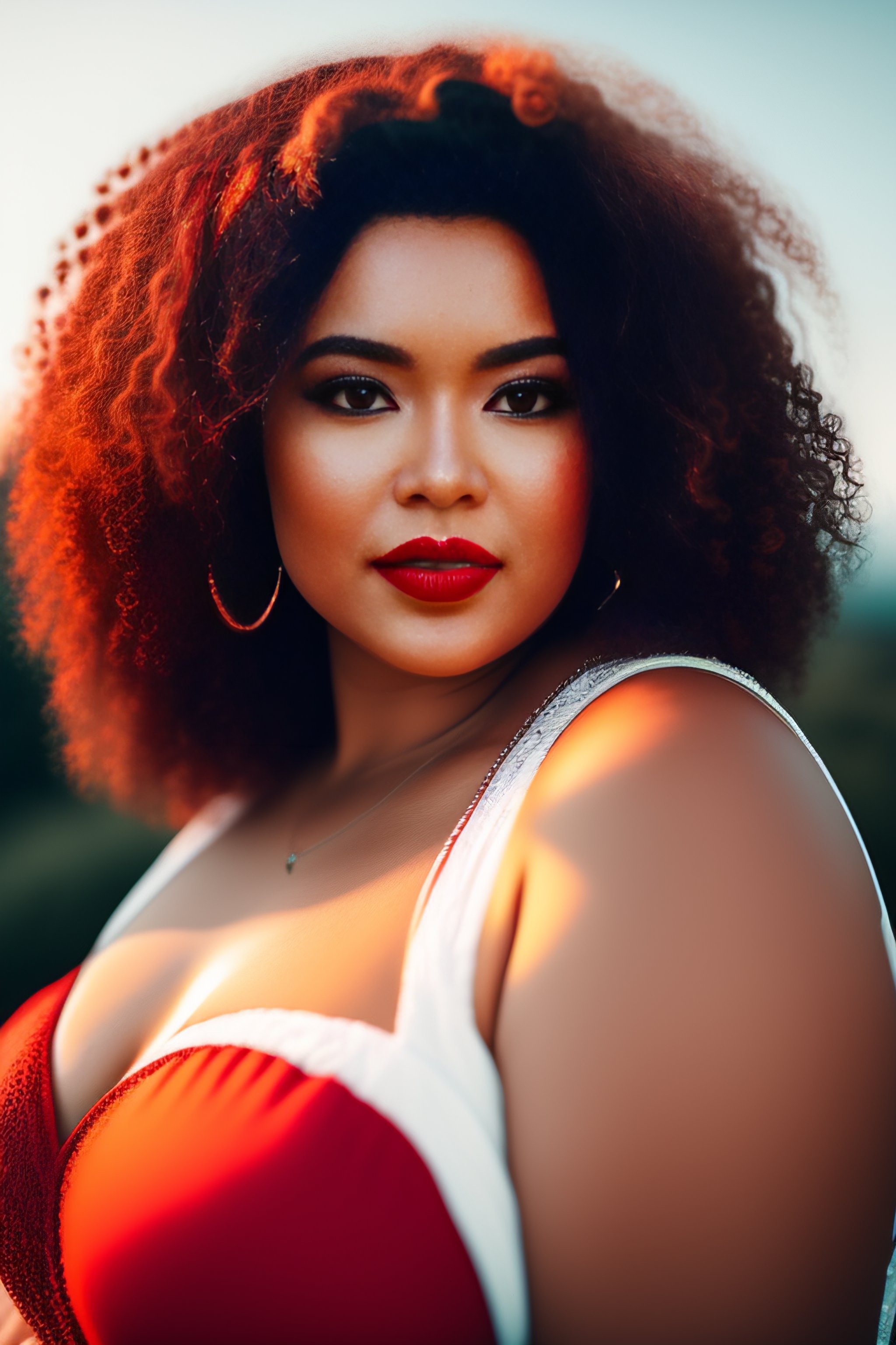 Lexica - A woman with curly hair and white skin is taking a selfie, a  colorized photo, instagram, vibrent red lipstick, tiktok video, bbwchan,