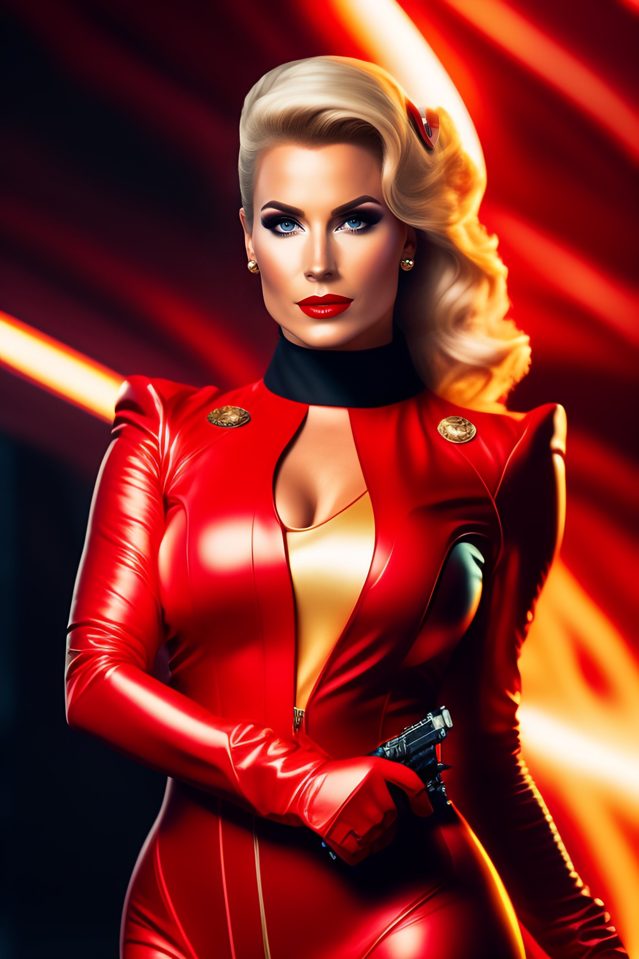 Lexica Full Body Picture Of A Blonde Female Startrek Captain Wearing A Red Black Leather 7395