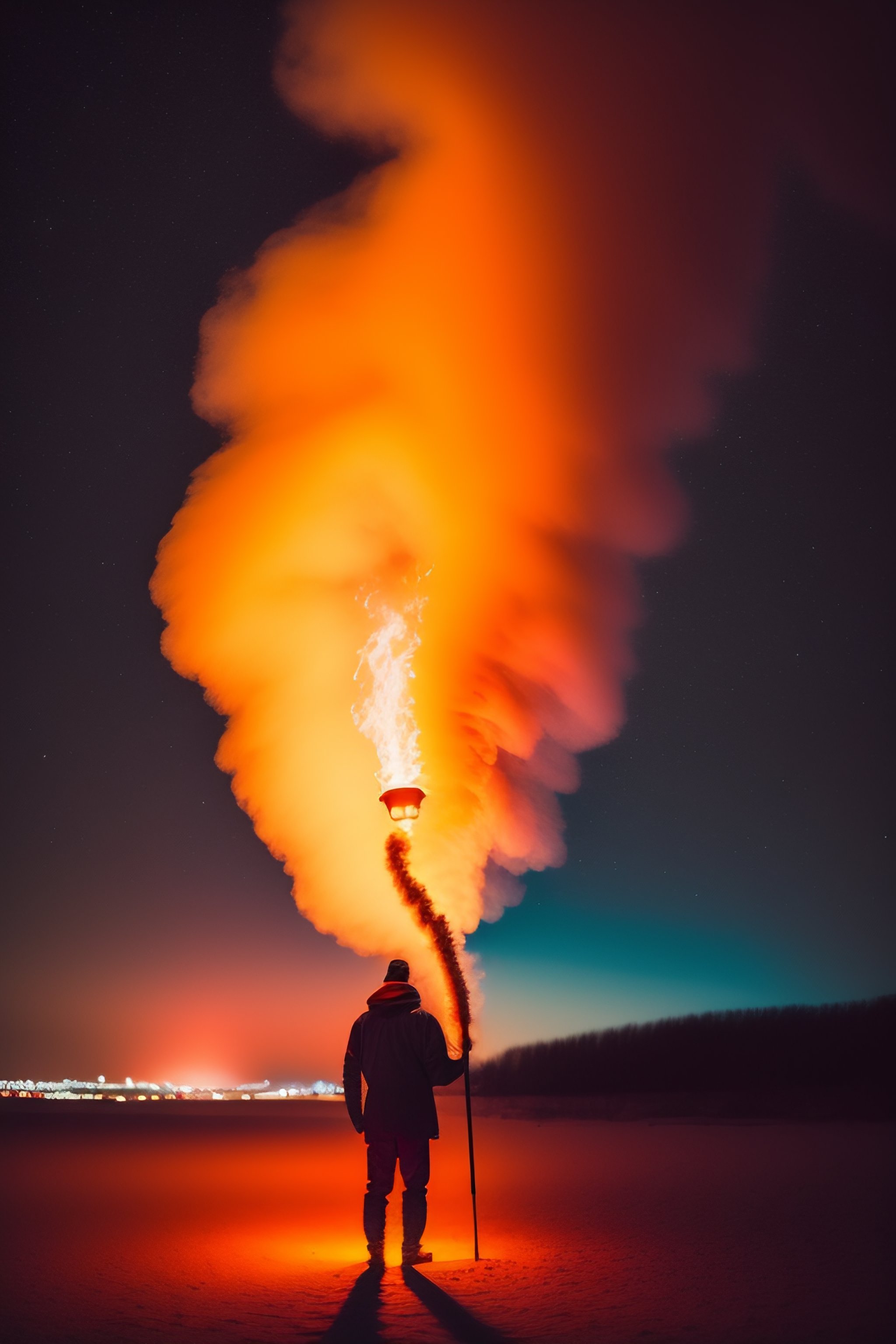 Lexica A man holding a torch of fire in the dark night