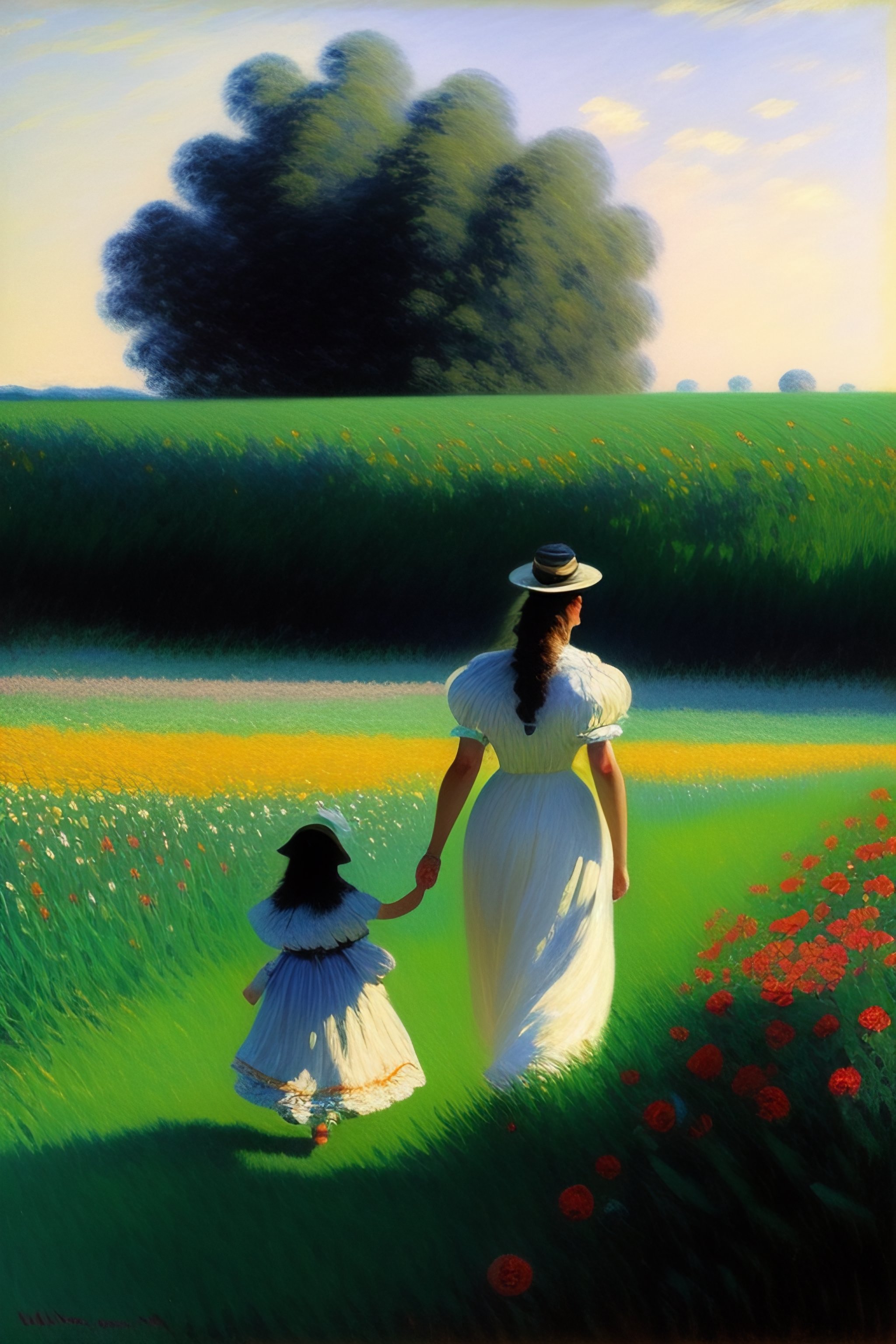 Lexica - A field full of flowers and a mother walking with her child ...