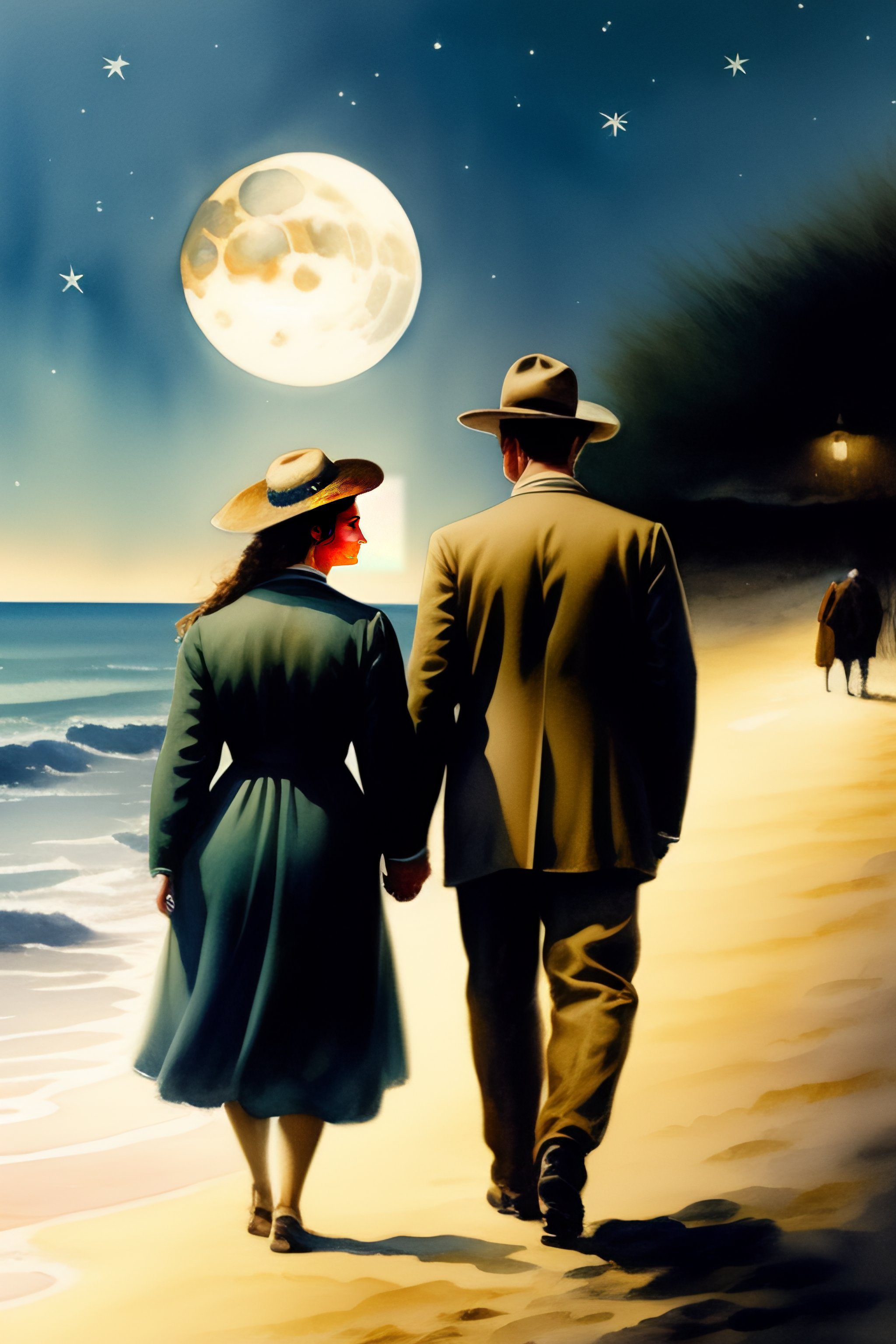 Lexica - A water colour painting of a married couple walking along the ...