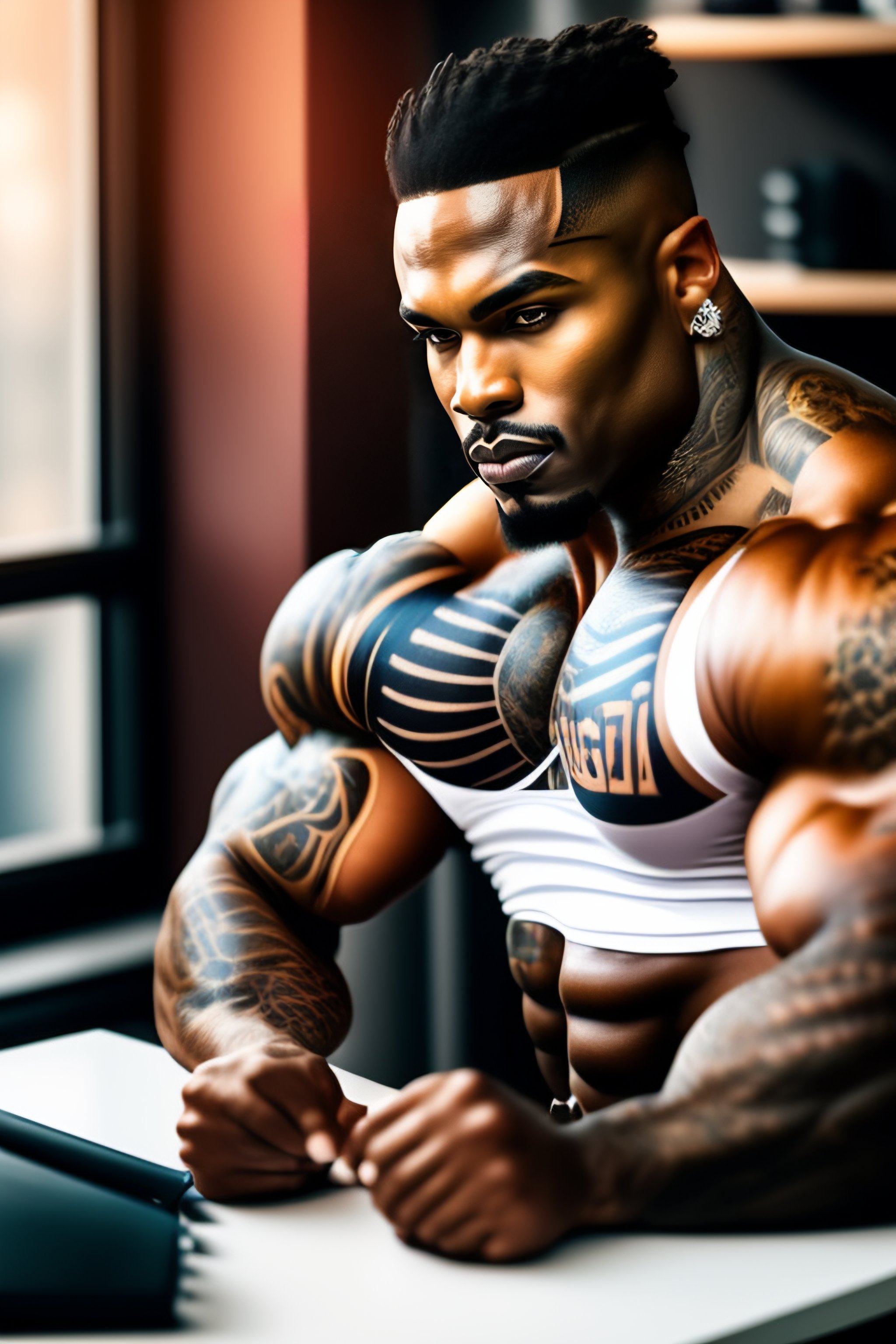 Lexica - Tattooed bodybuilder sitting behind a desk
