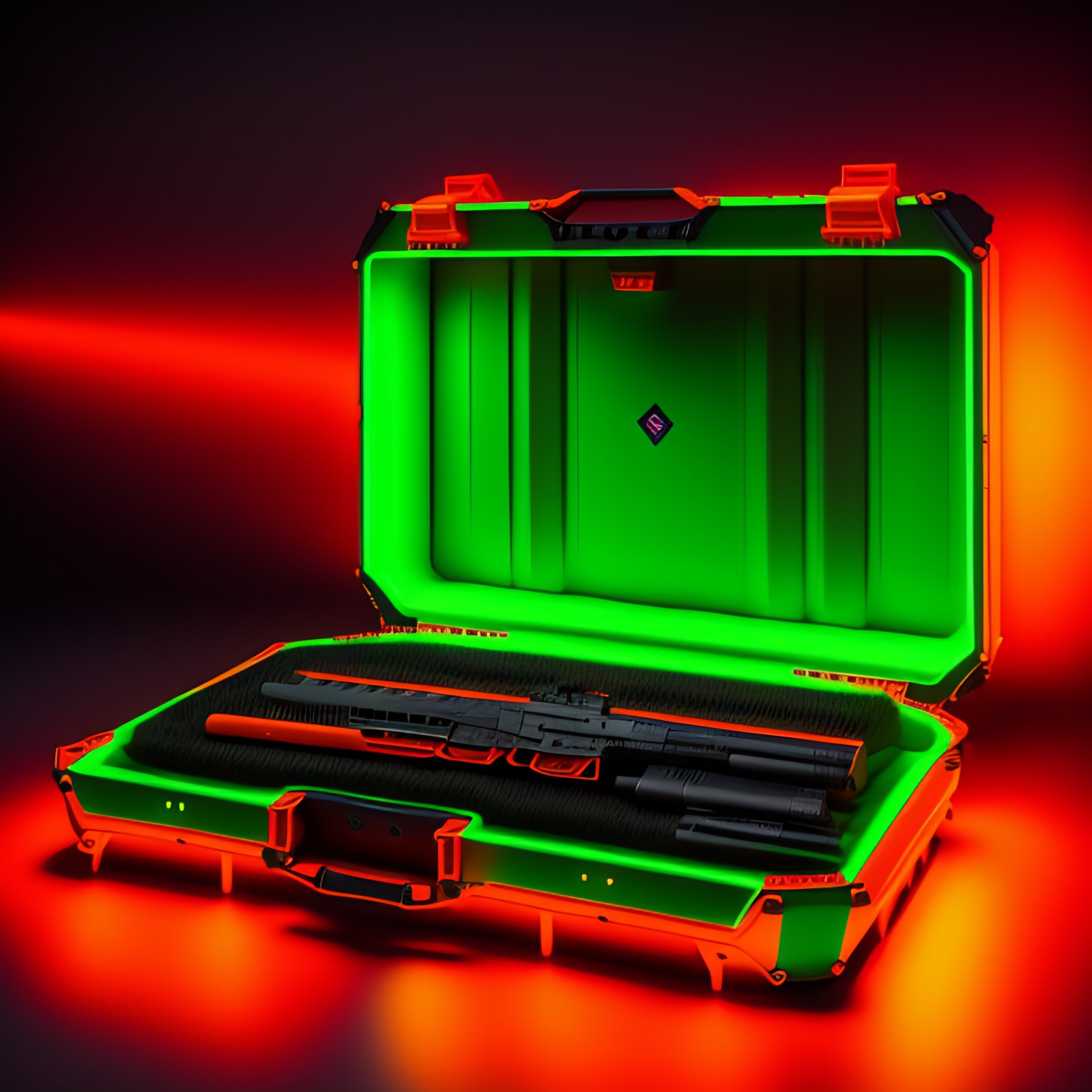 Lexica - CS-GO deluxe big gun box case, hollographic orange and green neon  details color, Knolling layout, Highly detailed, Depth, Lumen render, 8k