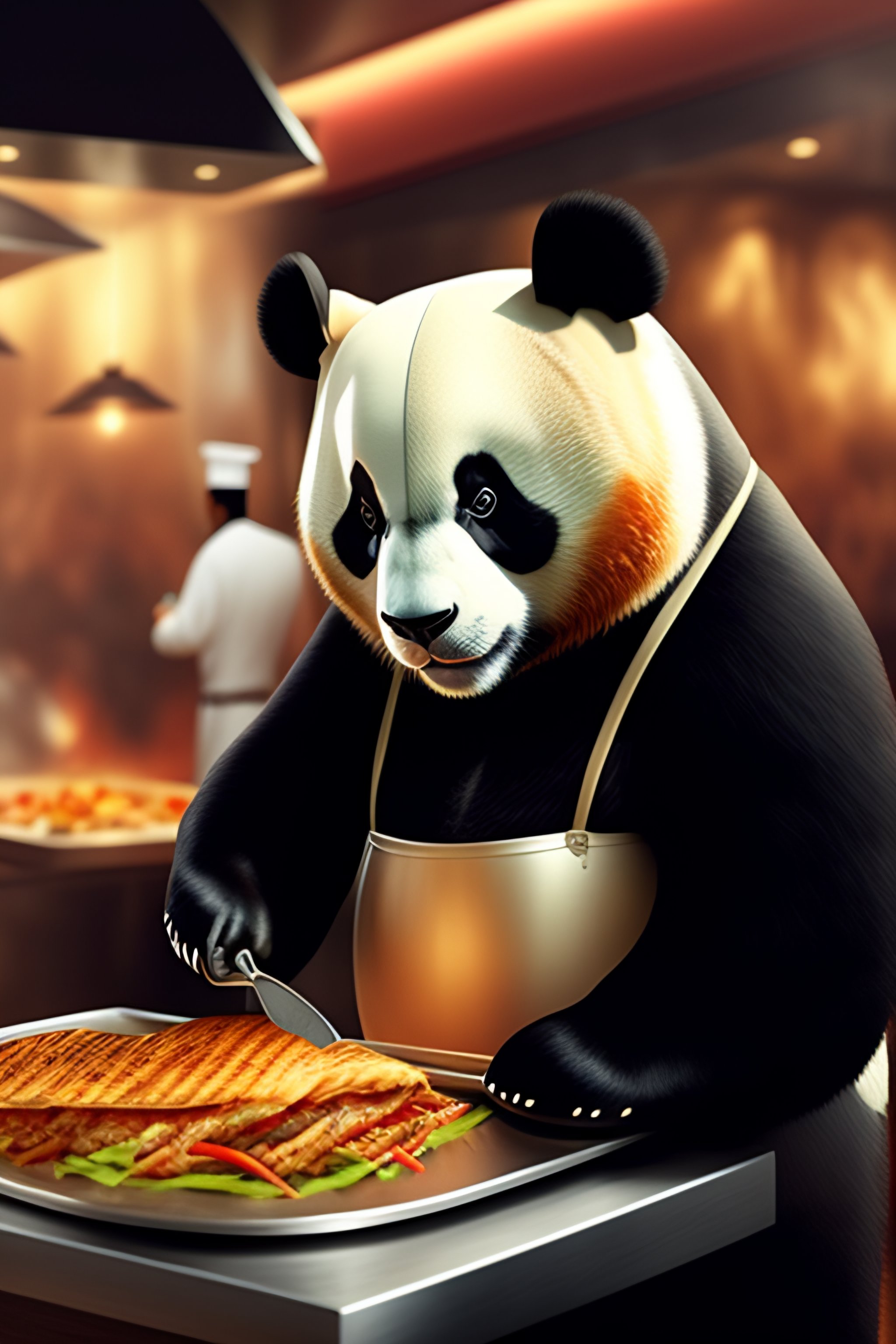 Lexica - A panda wearing a chef hat and serving a kebab in a restaurant