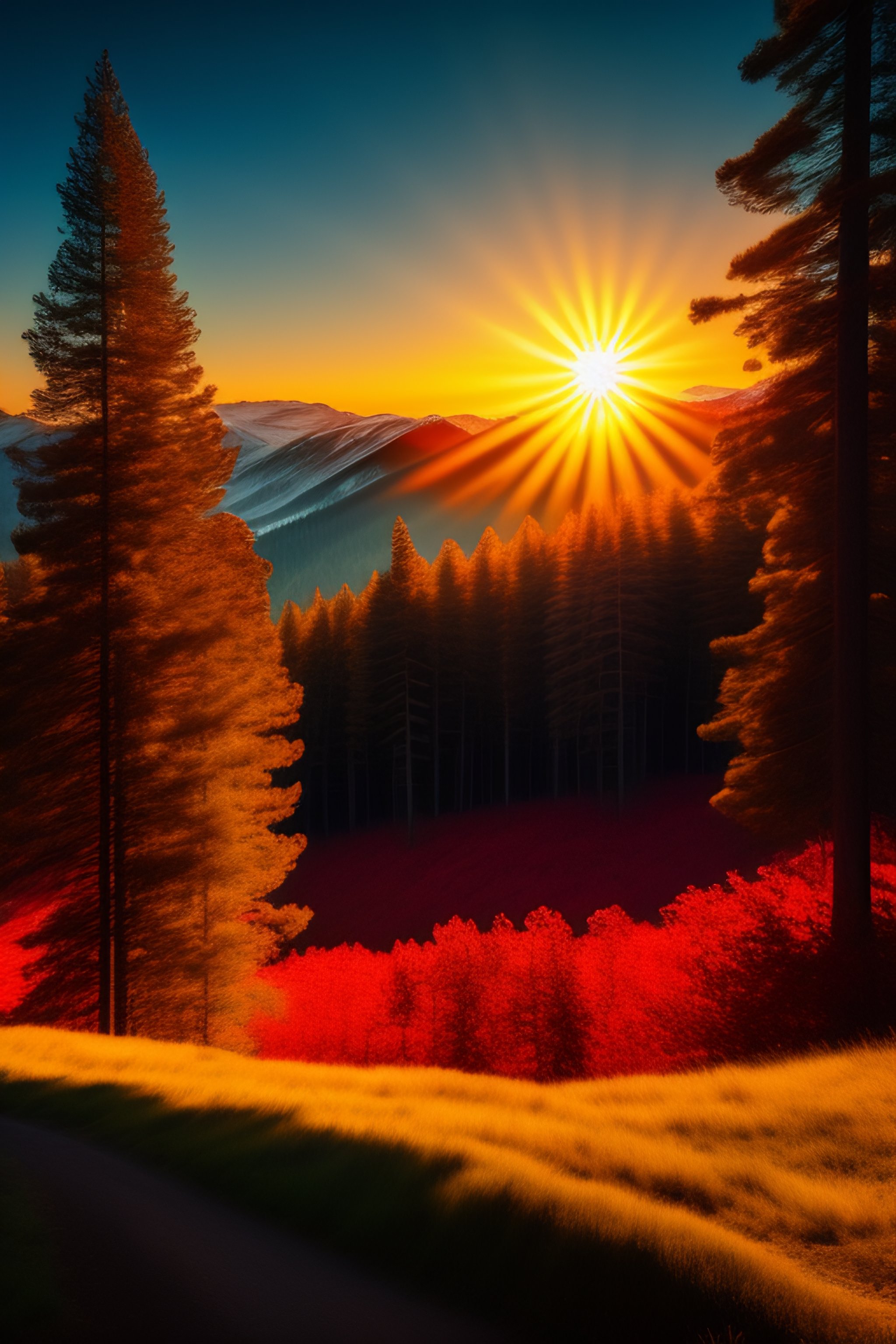 Lexica - Low sun, red rays, pines