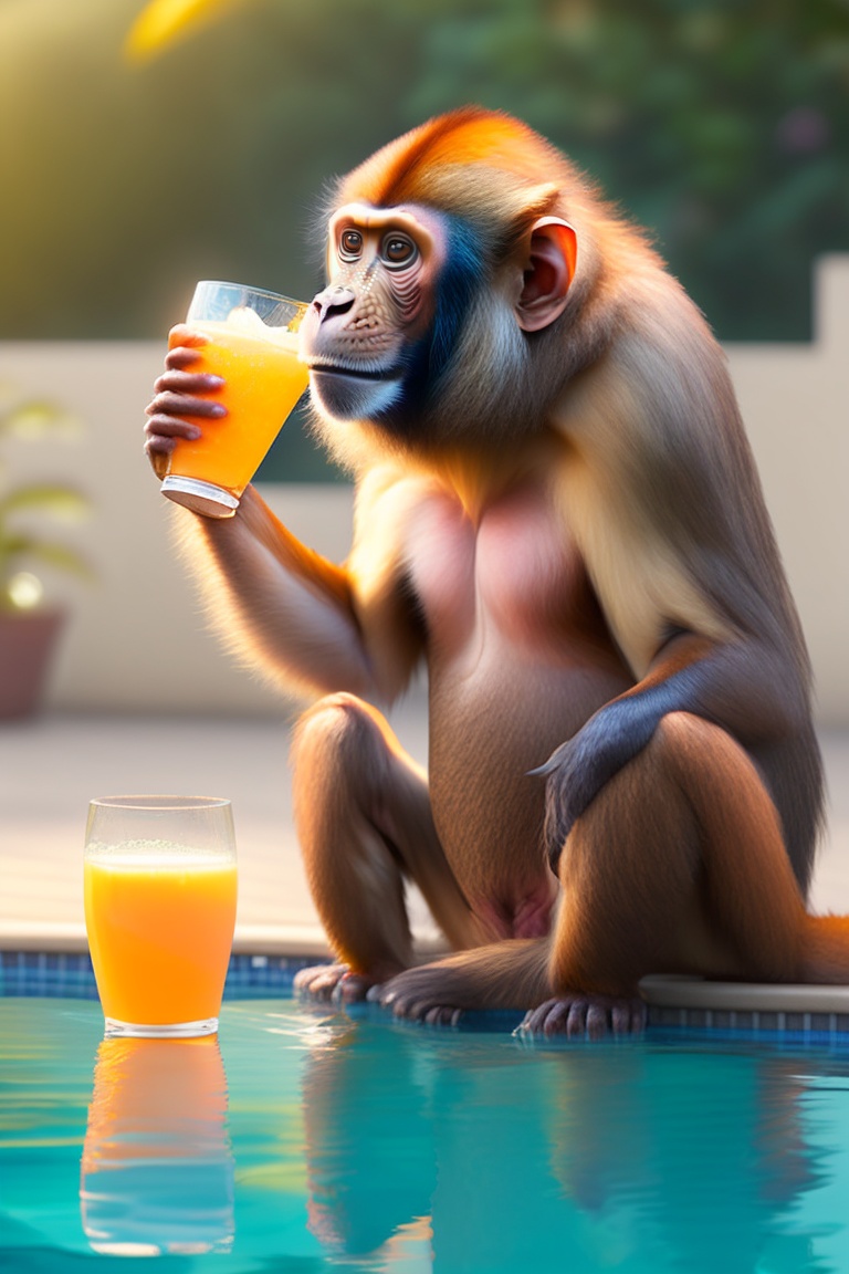 Lexica - A monkey drinks a glass of orange juice while standing like human  by the edge of the swimming pool, high resolution, 4K
