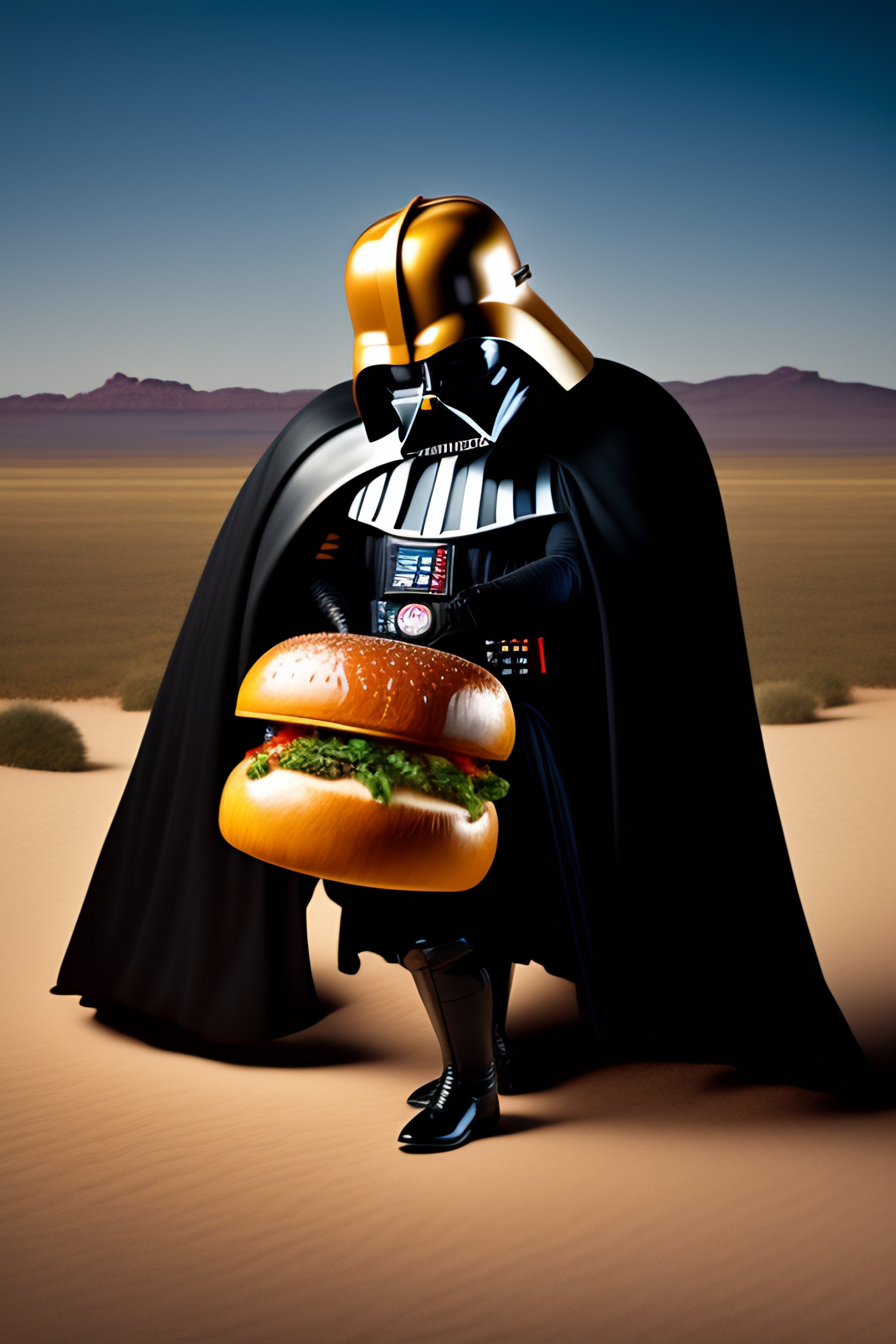 Lexica - A humorous photograph of Darth Vader ravenously eating a giant ...