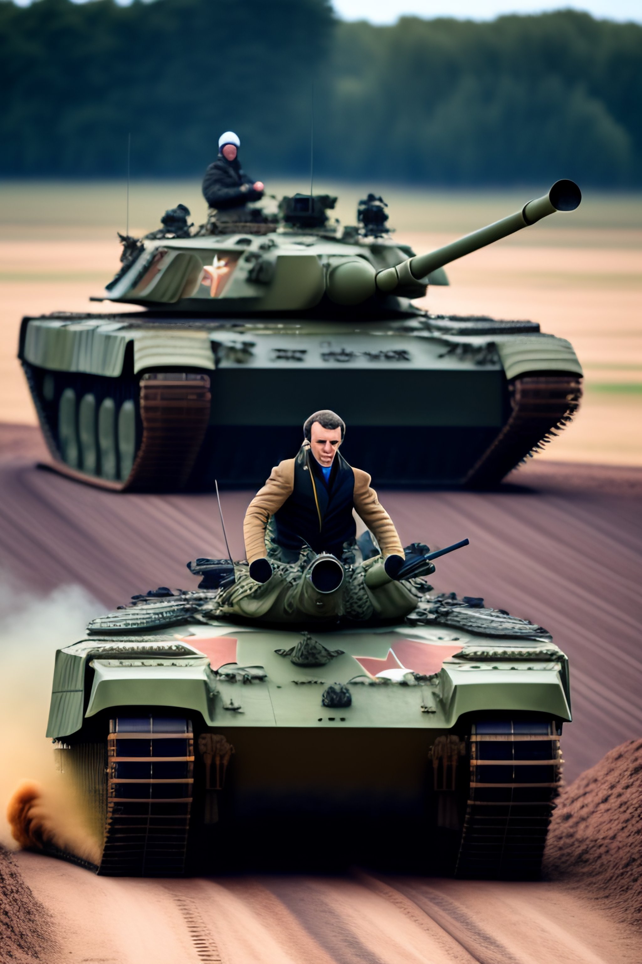 Lexica - Emmanuel Macron riding at the top of a tank 4k archive photo