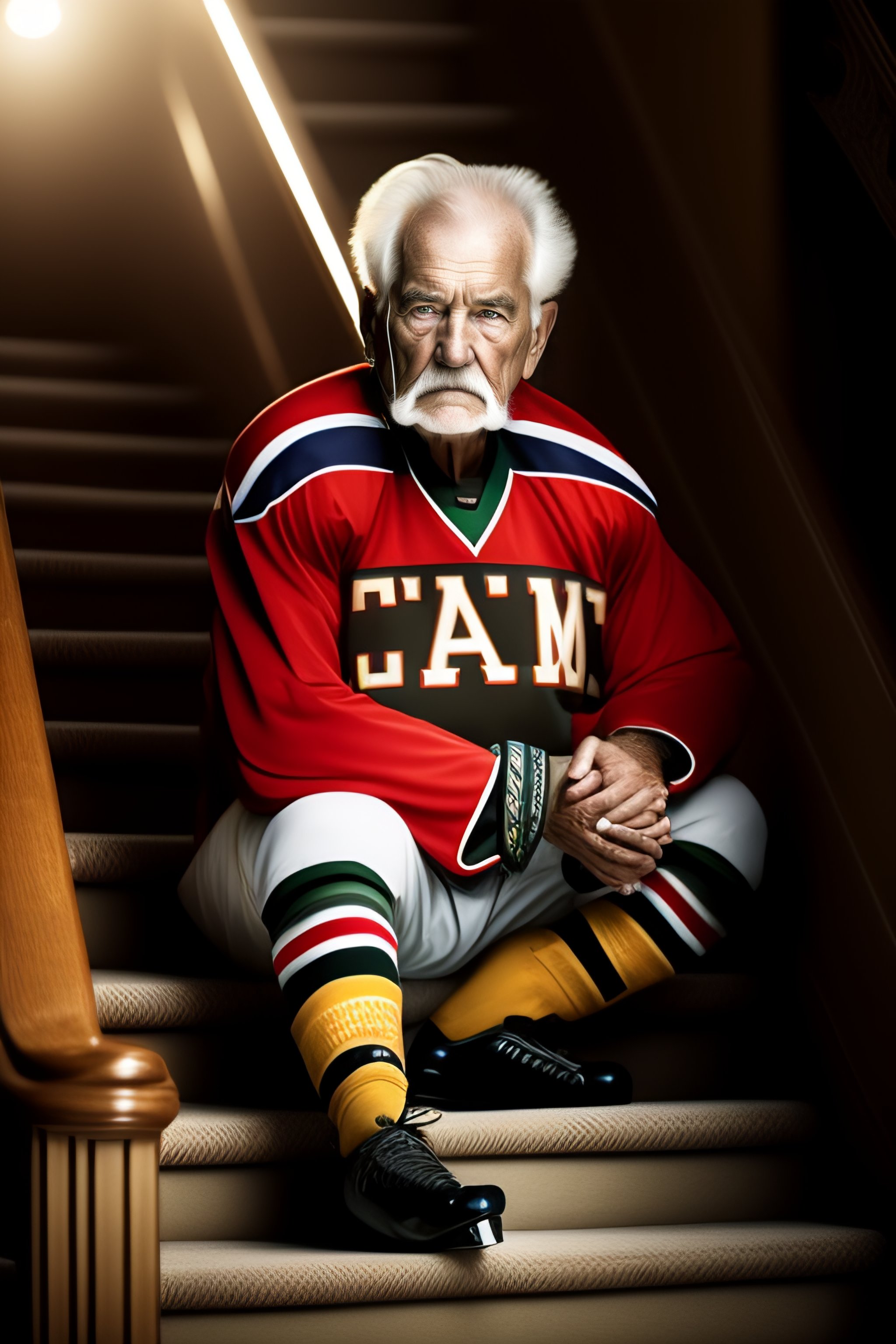 Lexica - Old man in a hockey jersey, sad, piercing stair