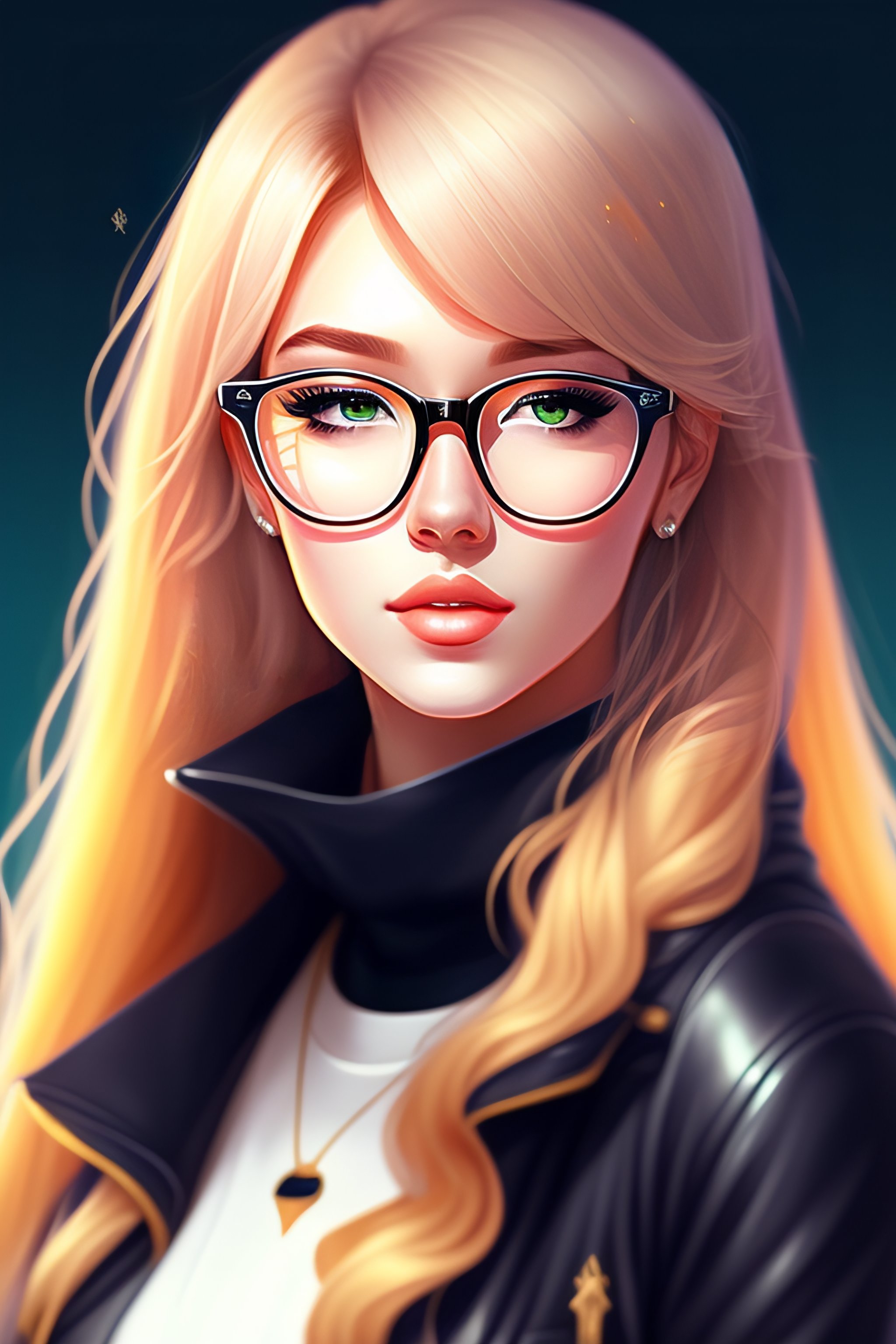 Lexica - 1girl, blonde, glasses, portrait, anime, anime style, waifu,  glasses on head, stylish glasses