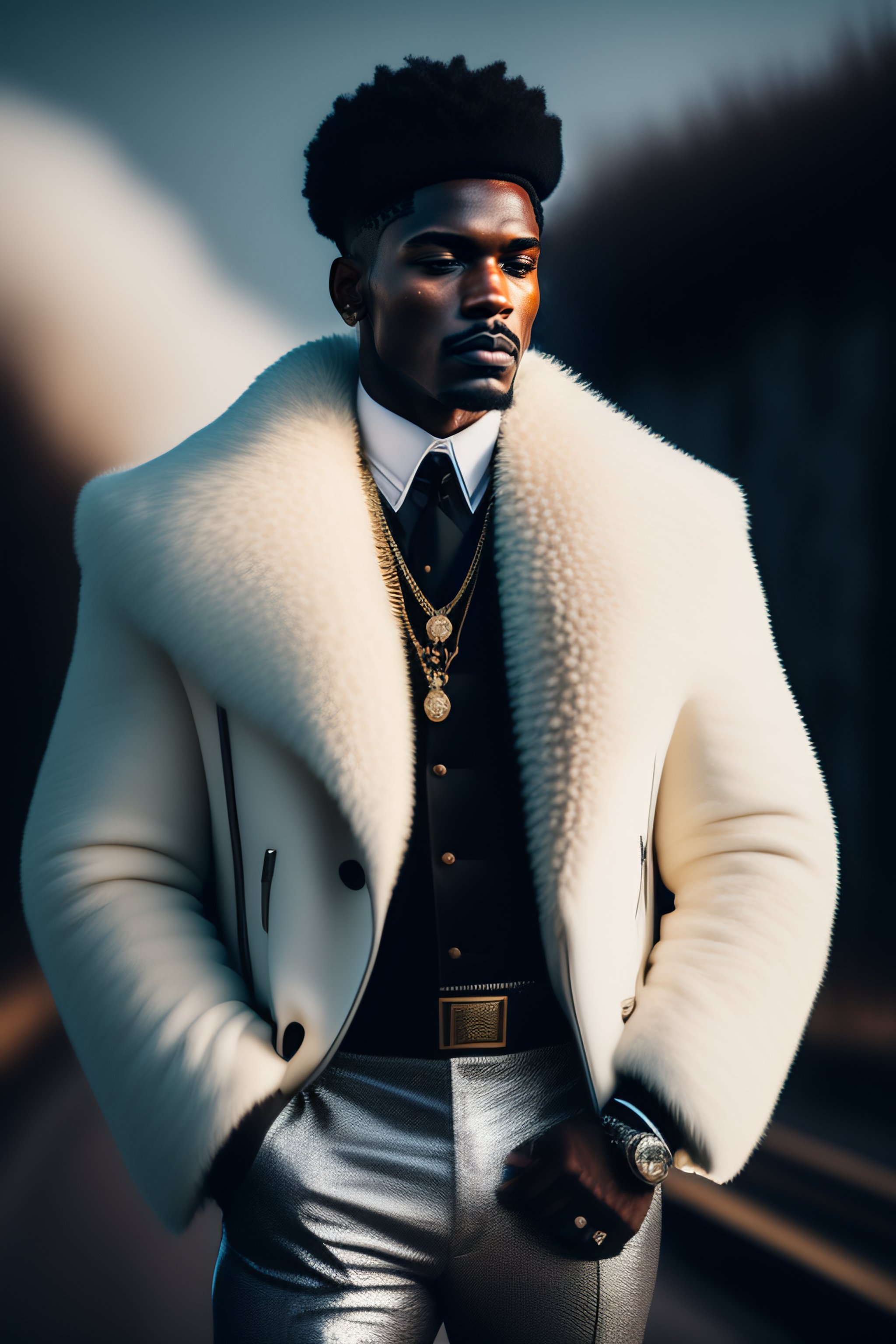 Lexica - A real person in high quality photography picture looking like a  black pimp with black leather clothes and a white fur coat and a big  machin