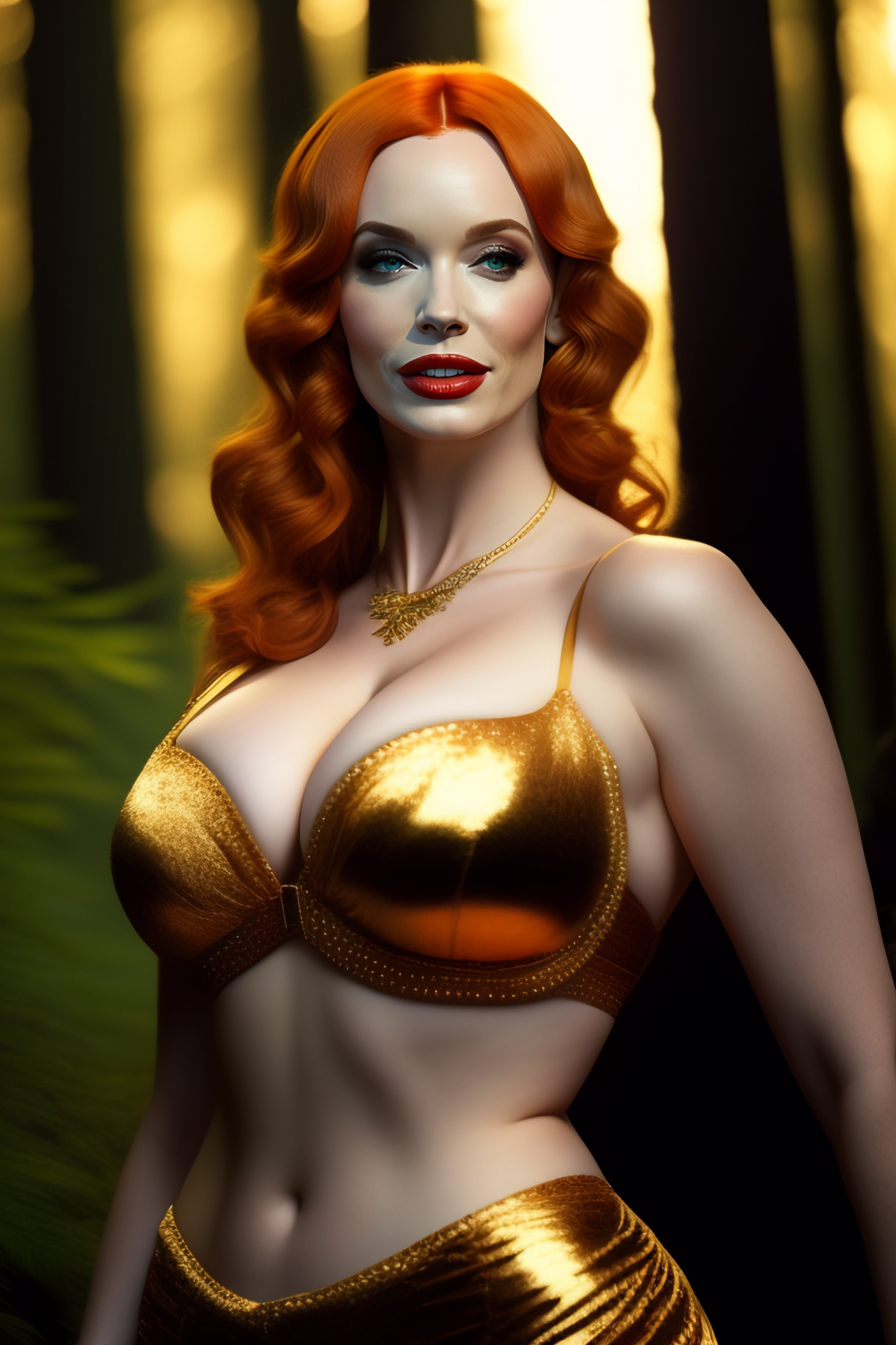 Full confess Preservative Lexica - Amazing beautiful Christina Hendricks with mouth wide open in  forest with gold bra, wide lens, full body