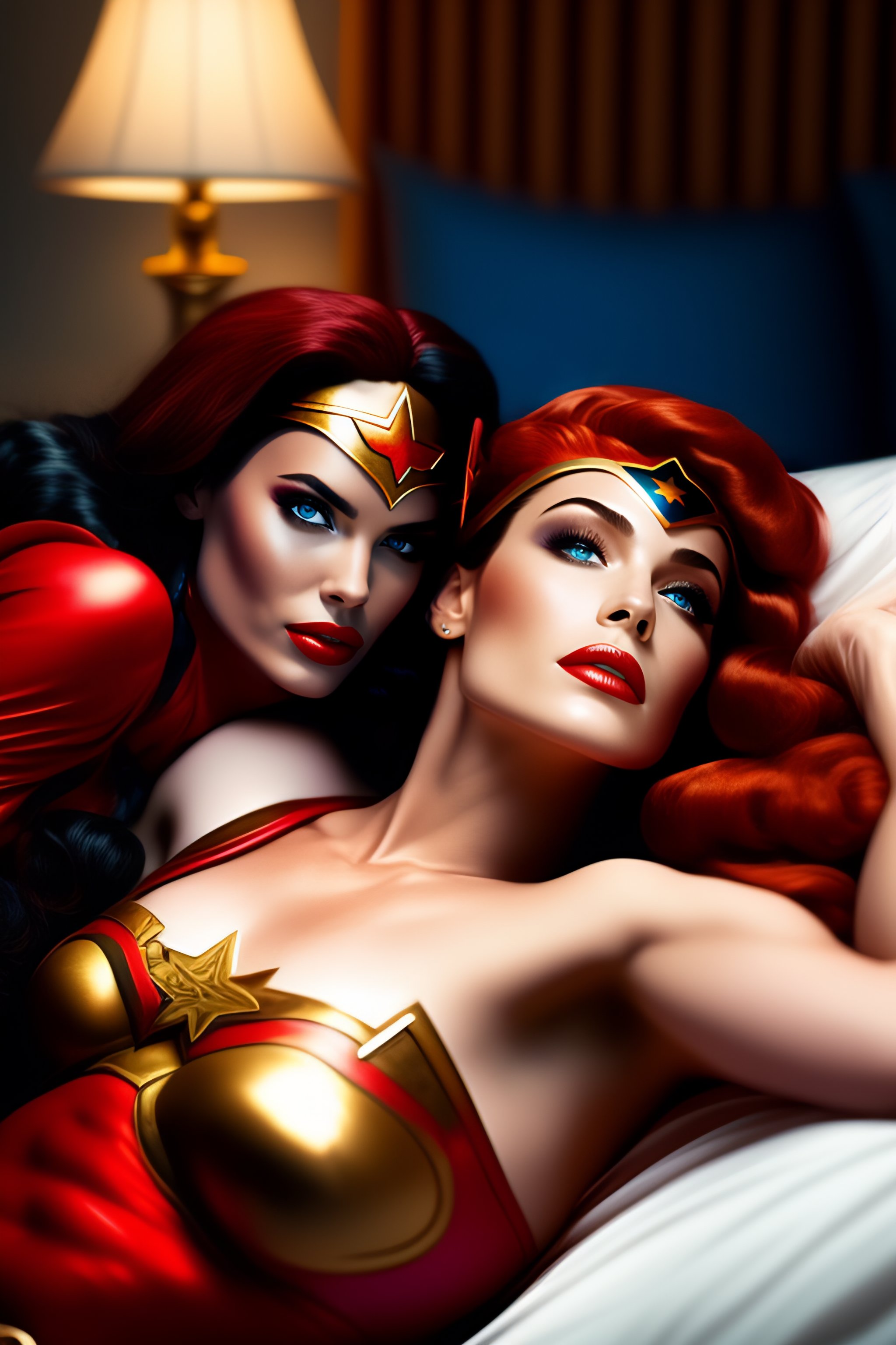 Lexica - Wonder woman laying on bed with her lover harley quinn and ...