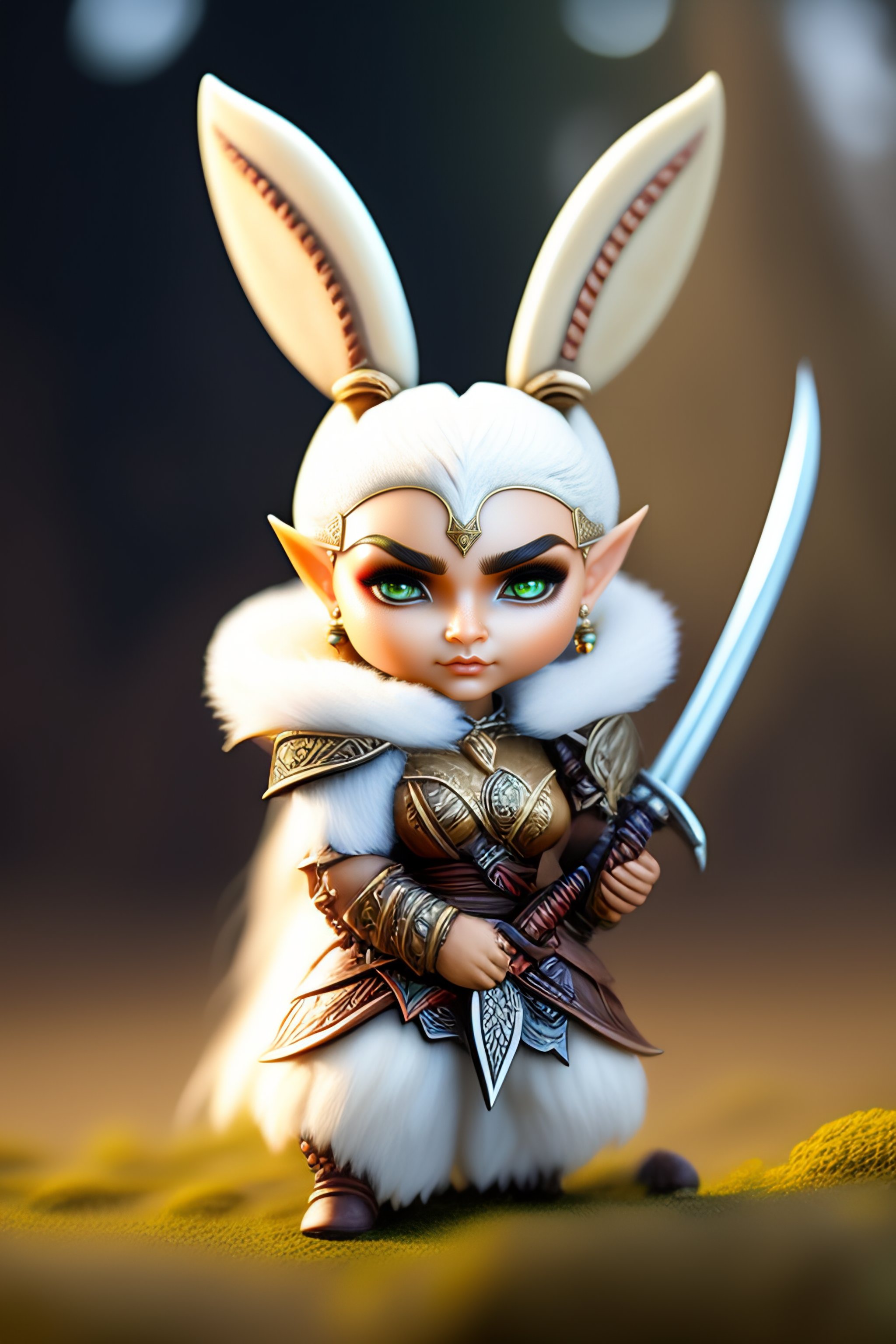 Lexica - A female elf warrior with cream colored fur holding a kukri