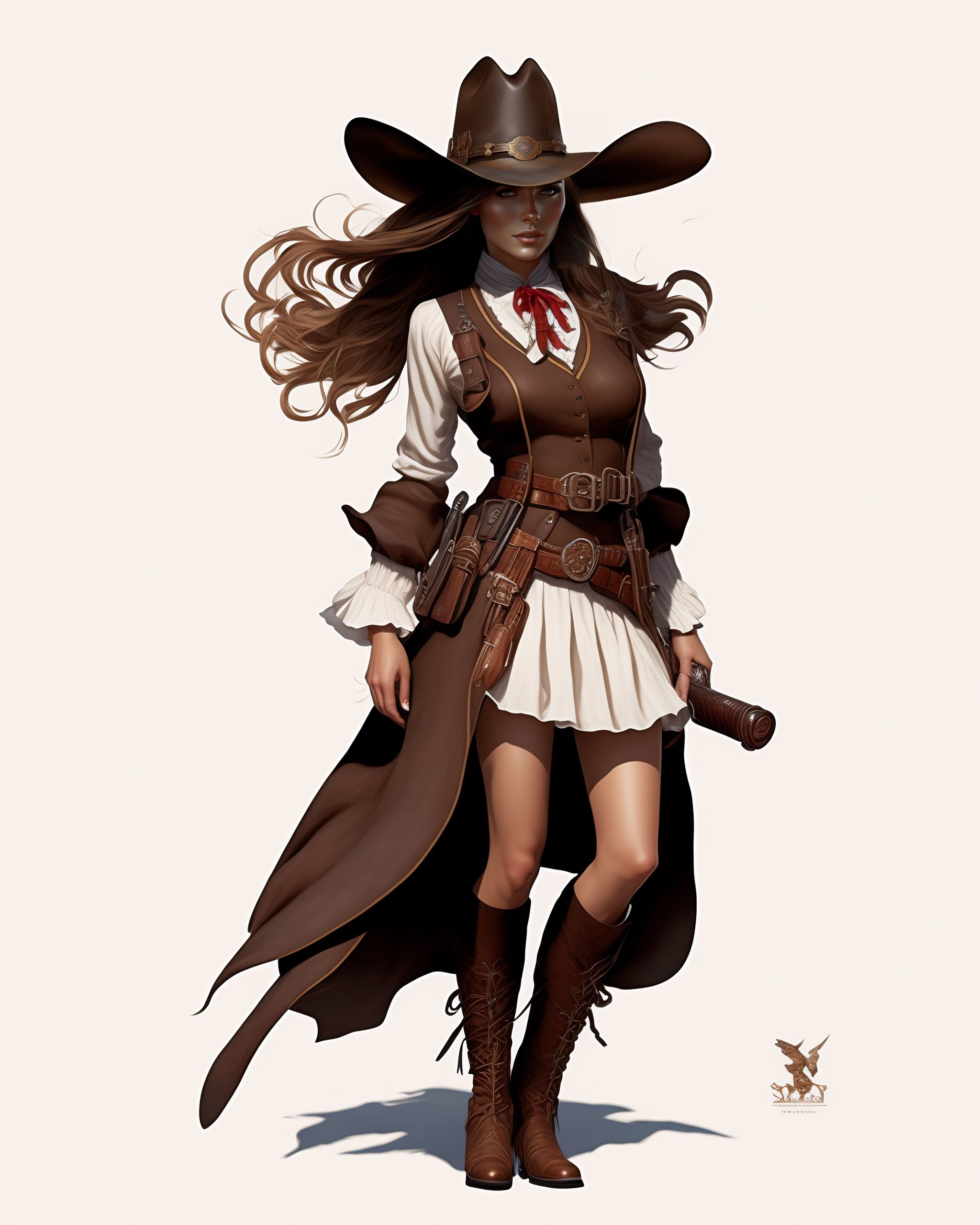 Lexica - Western gunslinger girl, old western clothing, cowboy hat, old  timey, brown ponytail hair, sharp focus, elegant, highly detailed,  illustrati