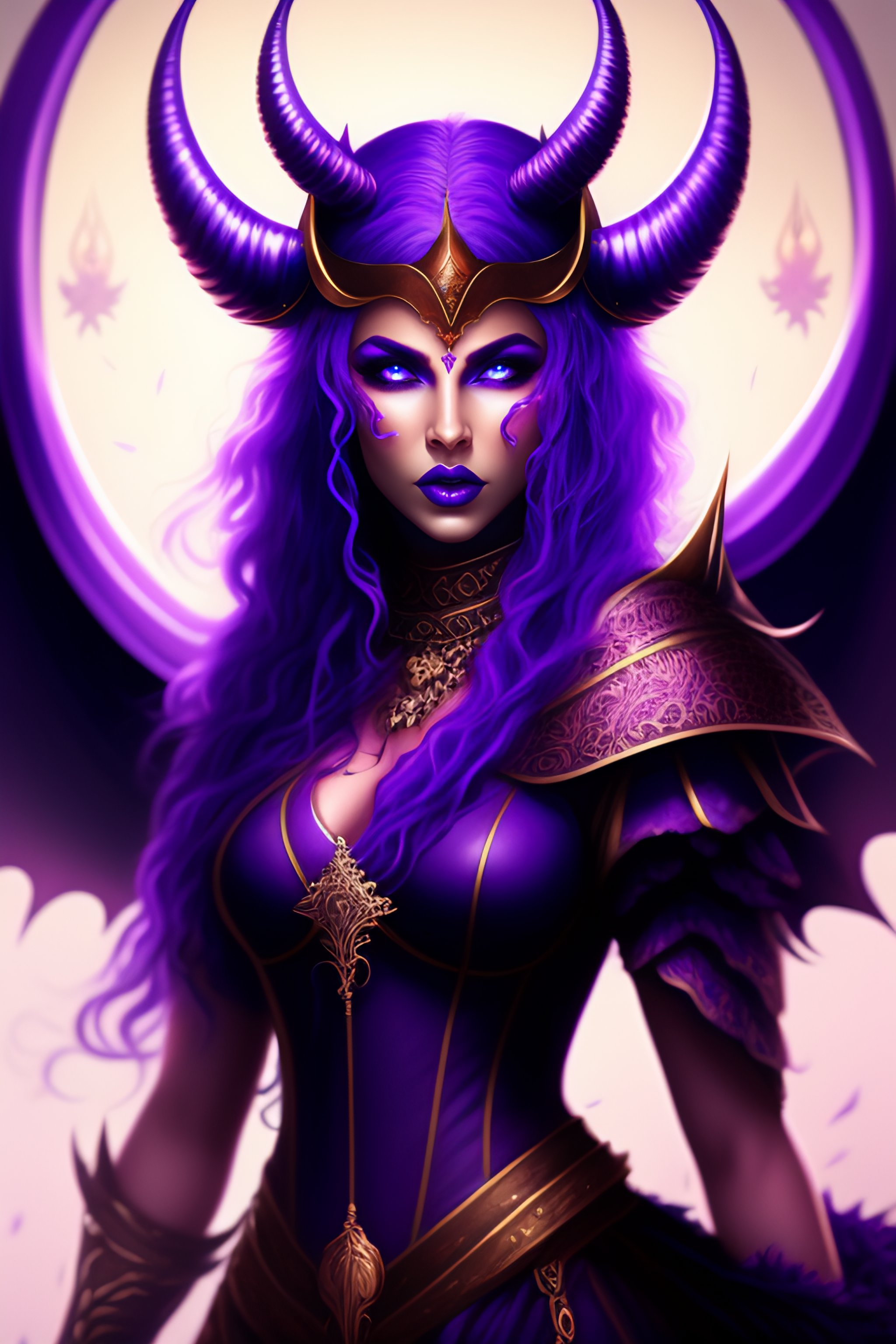 Lexica Devil Purple Tiefling Woman Purple Skin Dark Black Hair Ocean Blue Eyes Sorcerer 