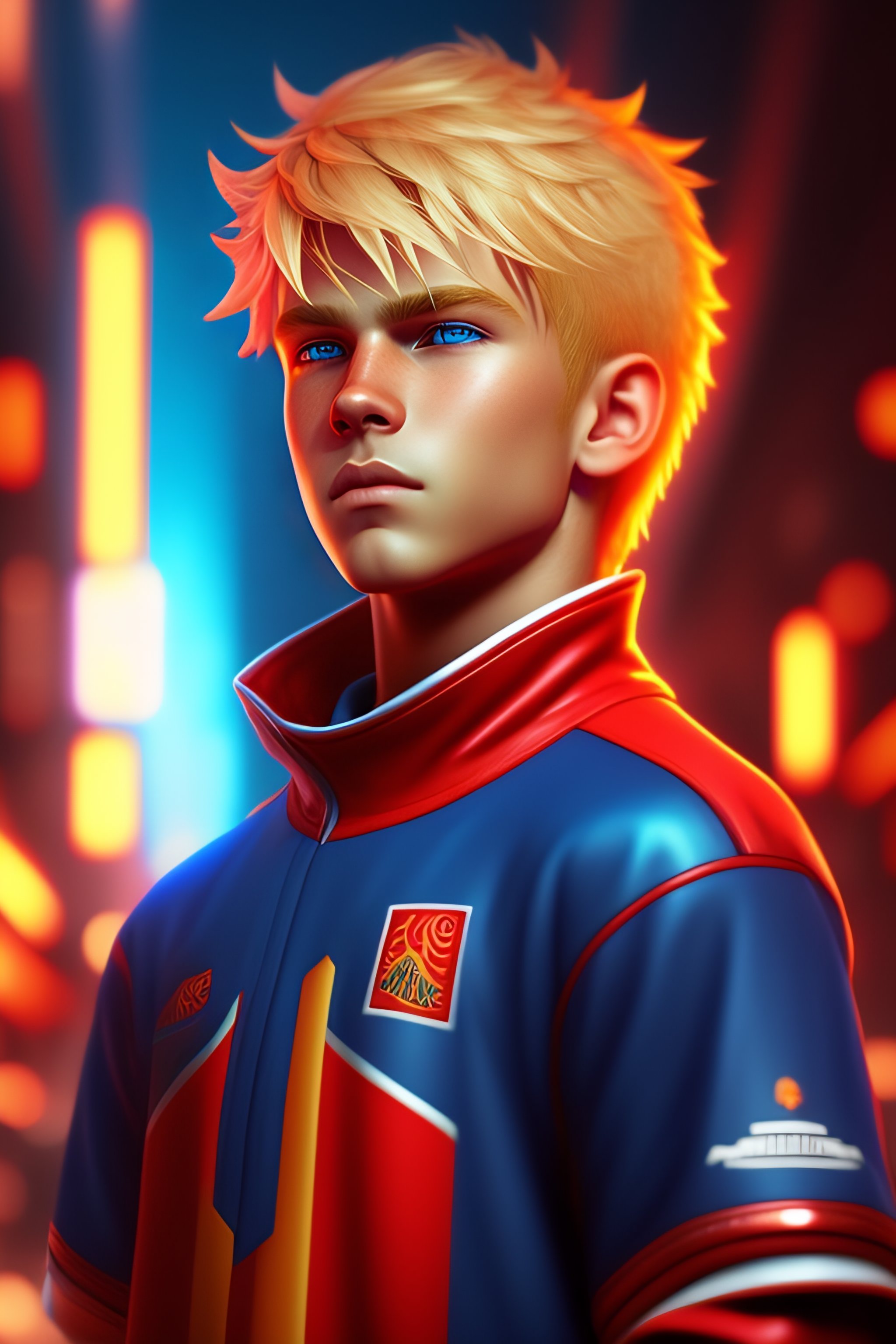 Lexica Boy With Blond Hair Blue Eyes Tall Red Shirtcyberpunk Style Cybercinematic Lighting 0344