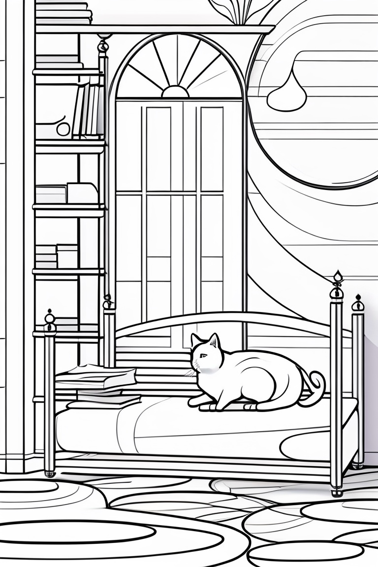 Lexica - Cat style coloring book for kids , outline art, drawing, sketch,  b&w, not overcrowded