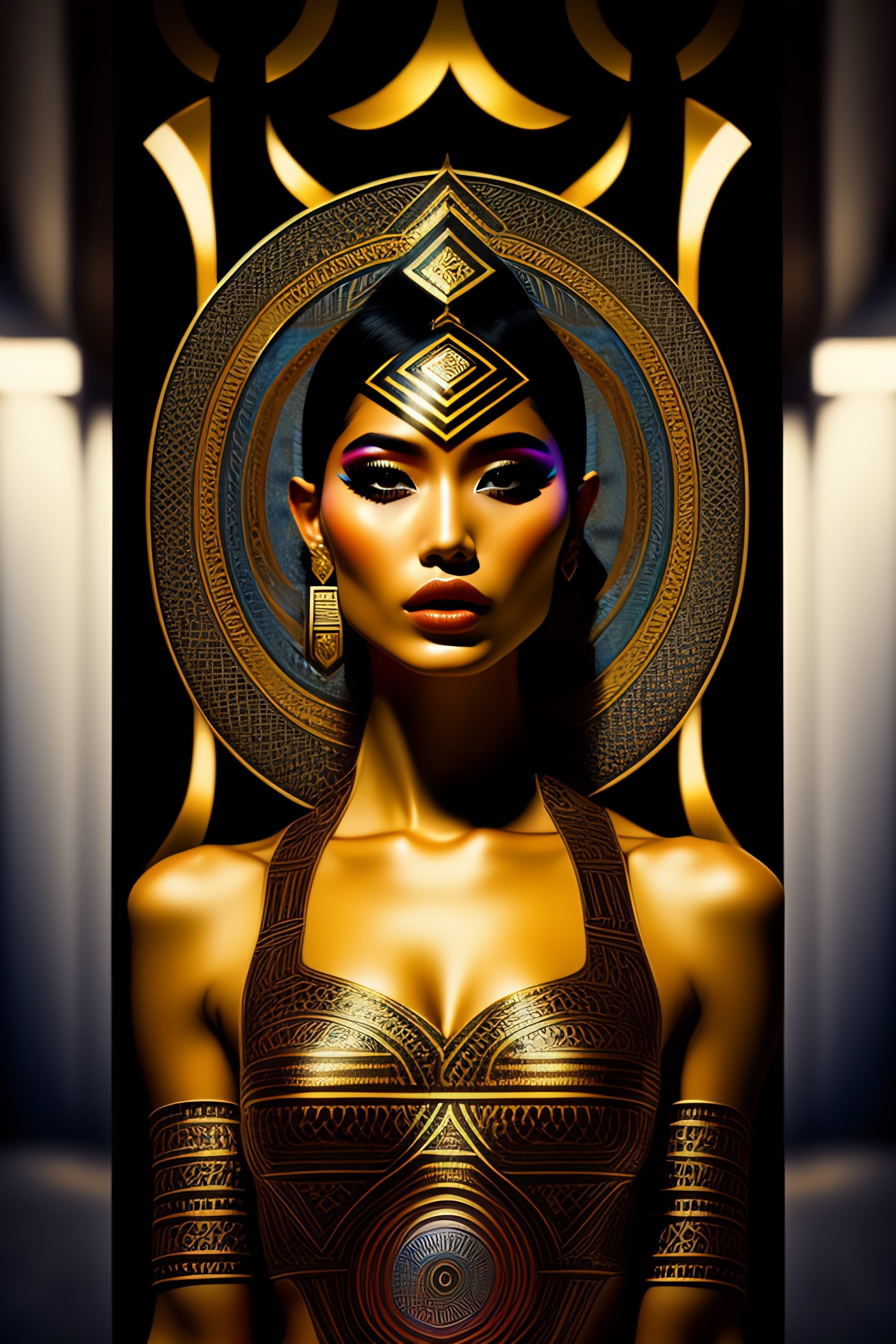 Lexica - Op art, hyper- Latina body girl in pharaonic posture, female model  in the streets of India, collage, goldblocks, brutalism, Arabic calligr