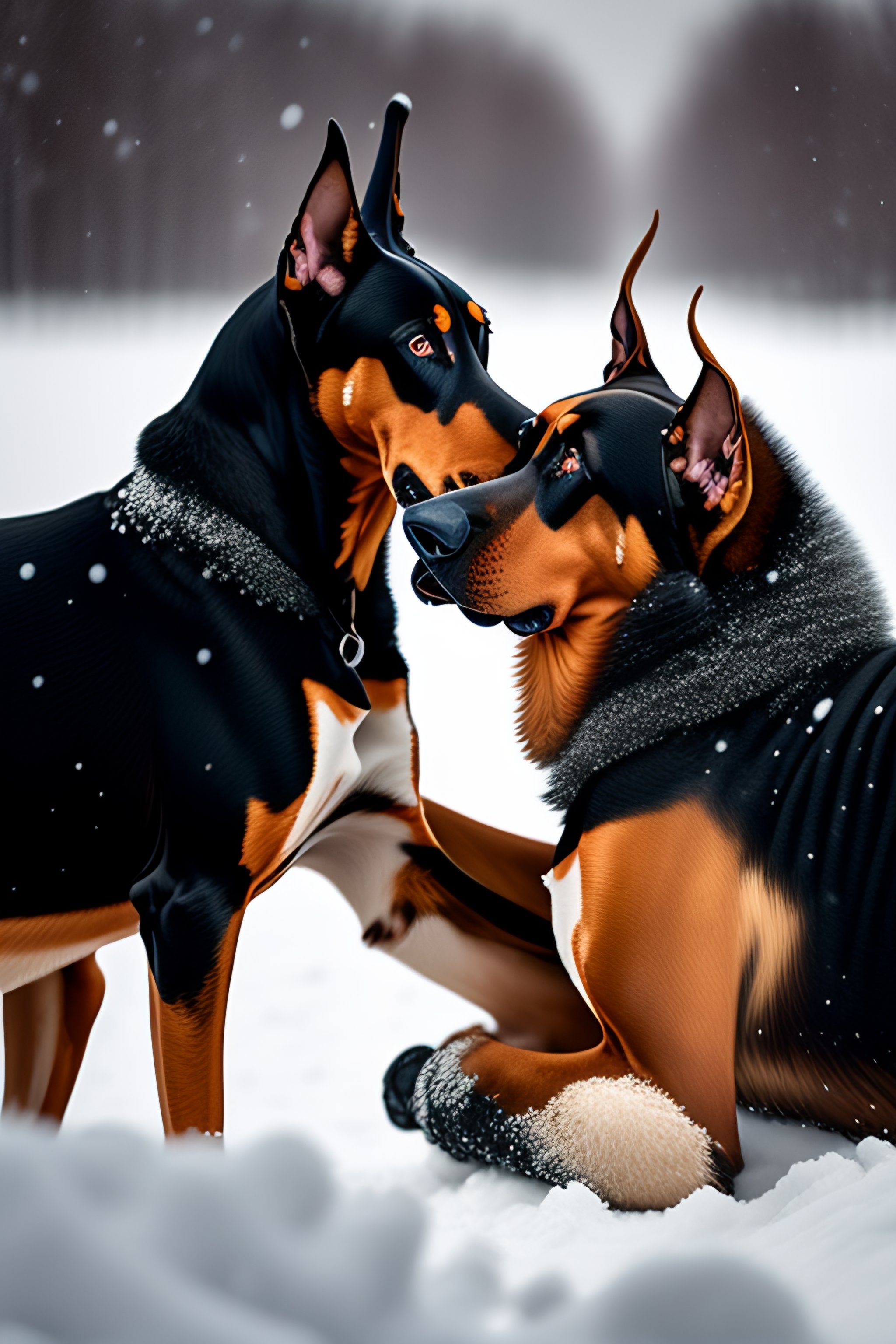Lexica - Doberman kissing another doberman in the snow with frozen roses