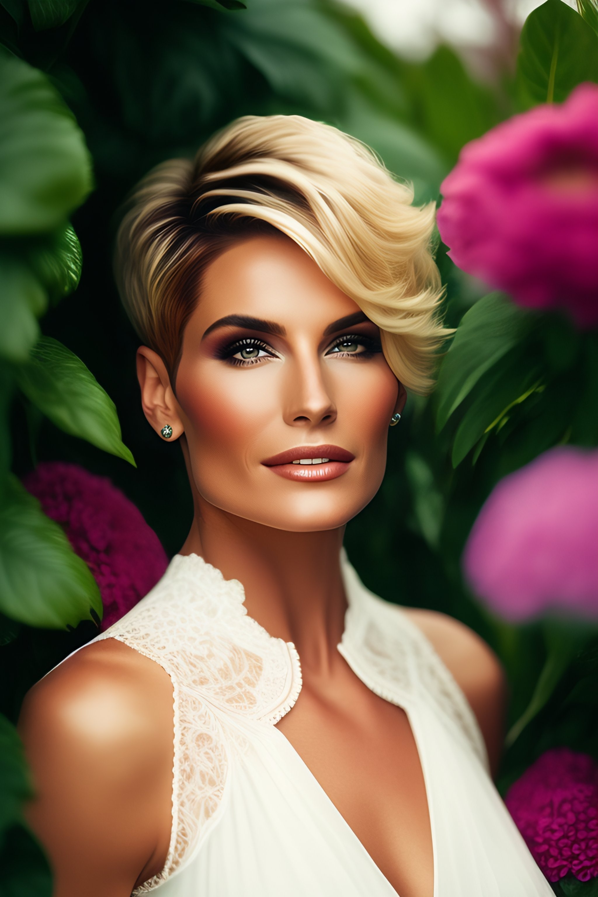  Lexica - Pretty woman with short hair on a greenhouse
