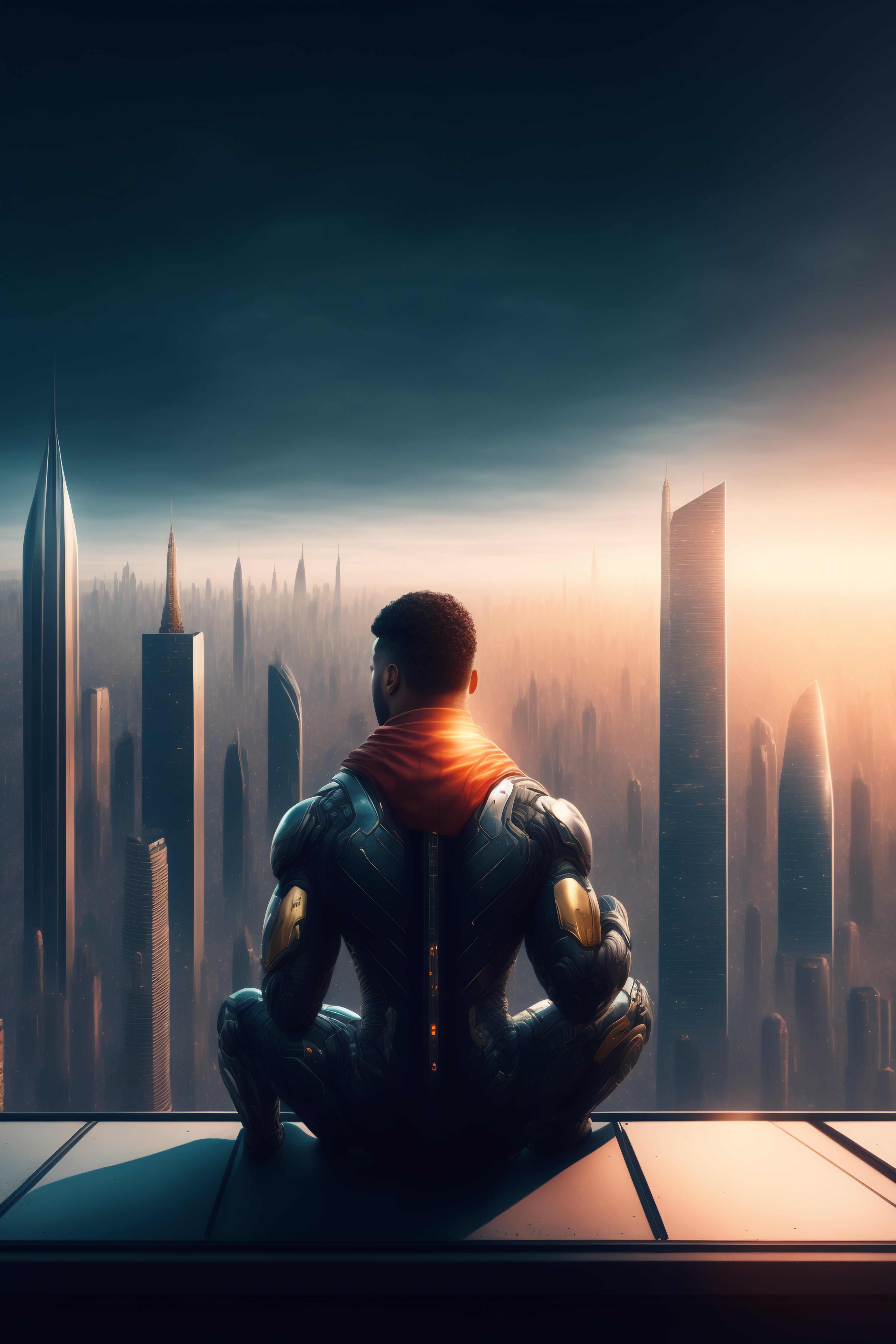 Lexica - Cyborg sitting on a roof looking down at a city below ...