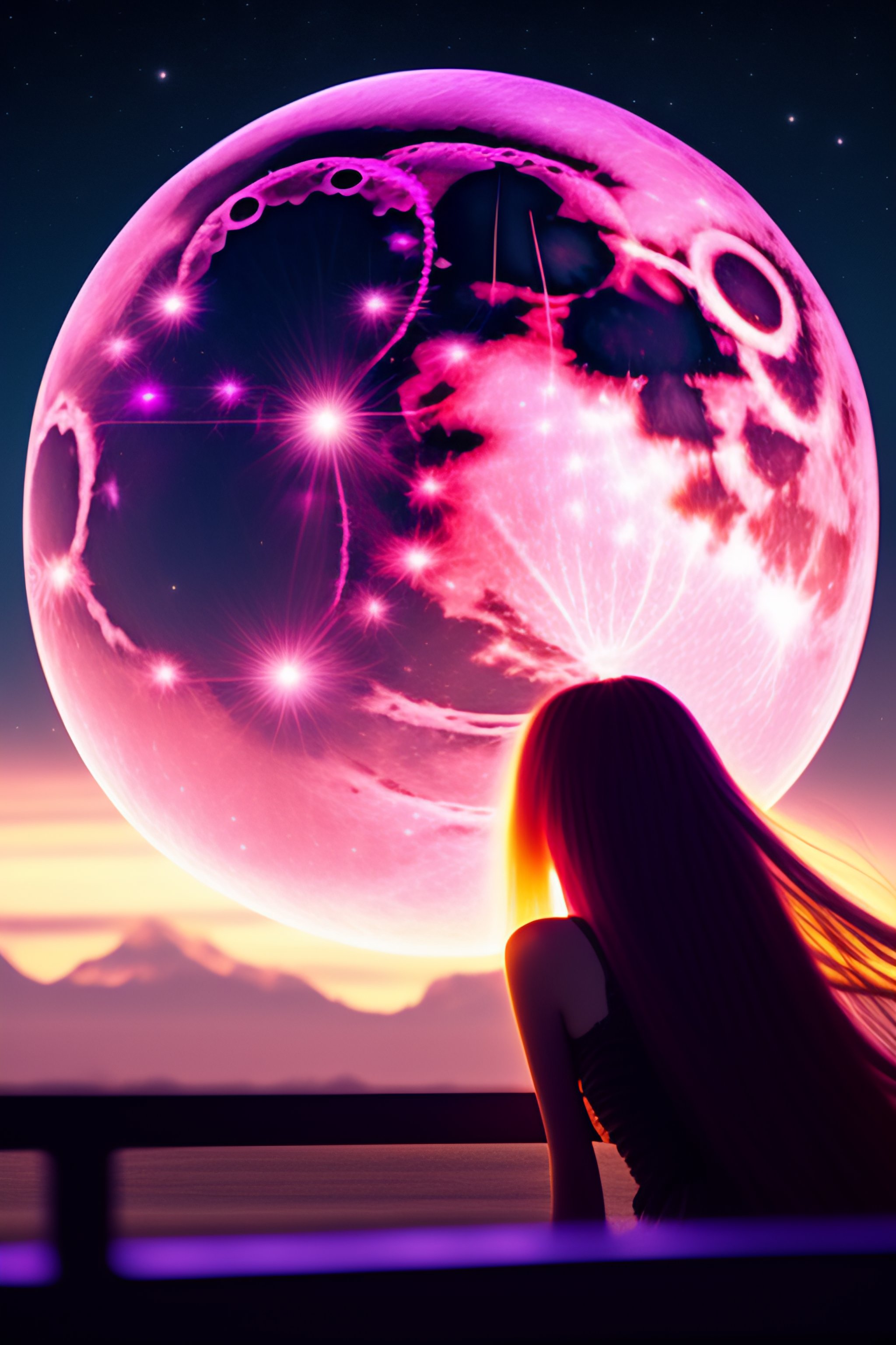 Lexica - Full moon, pink moon, anime, anime girl, long hair, view in  camera, no floor