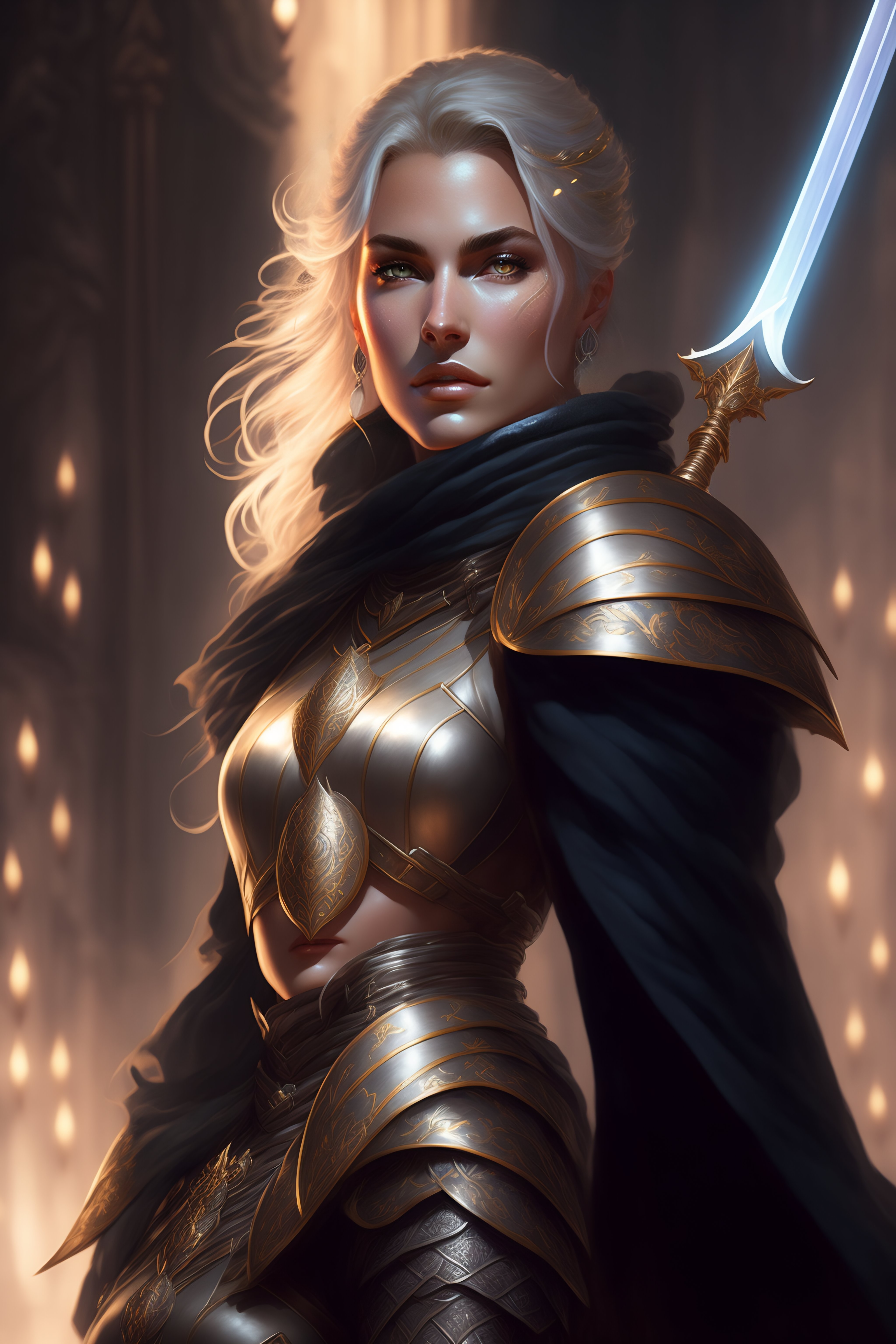 Lexica Female paladin in center, dnd, fantasy, gray short hair