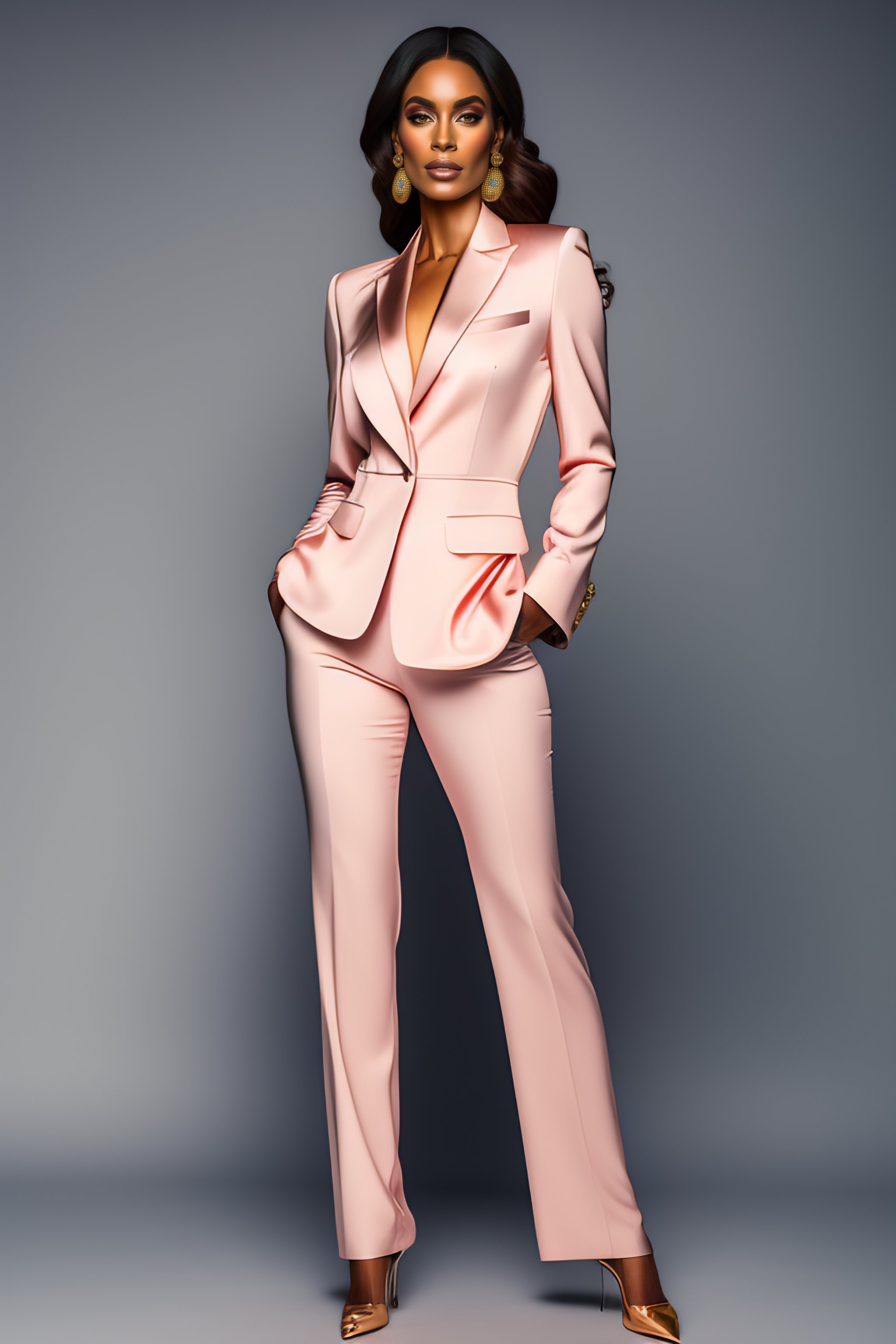 Lexica - Studio Portrait of brunette model wearing Pants Suits