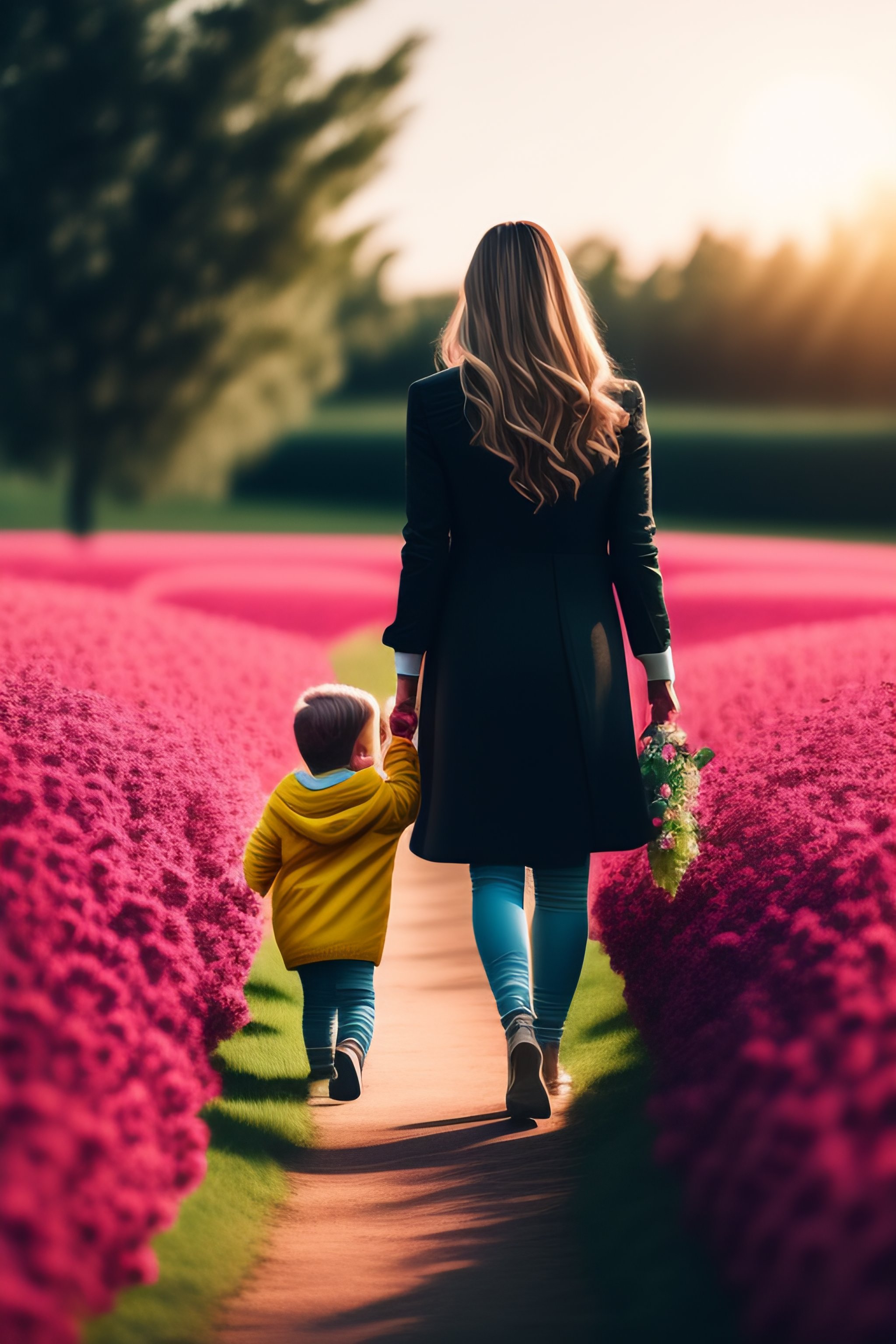Lexica - A field full of flowers and a mother walking with her child ...