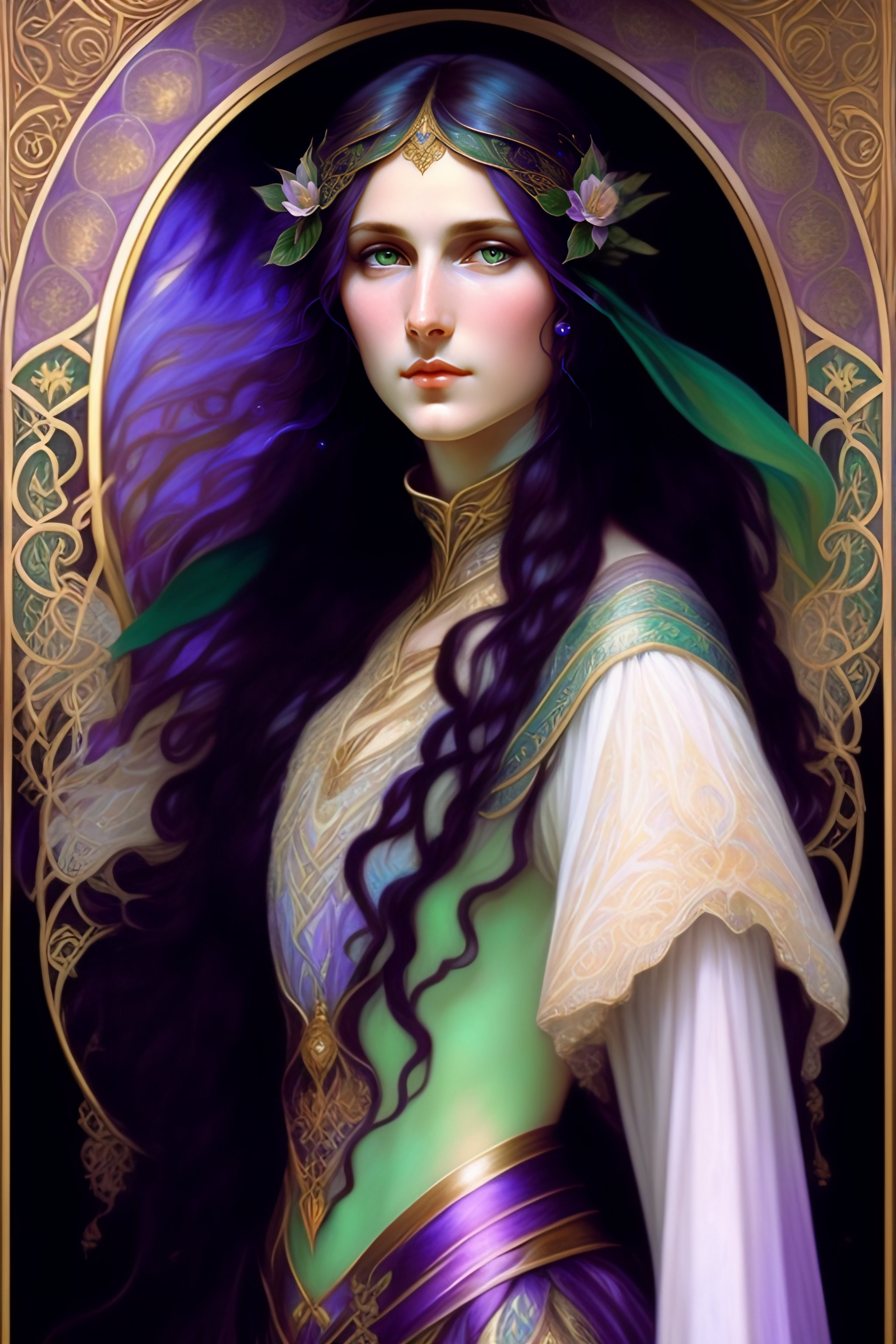 Lexica Portrait Of A Young Elf Woman With Pale Skin Green Eyes Long Curly Voluminous Black 